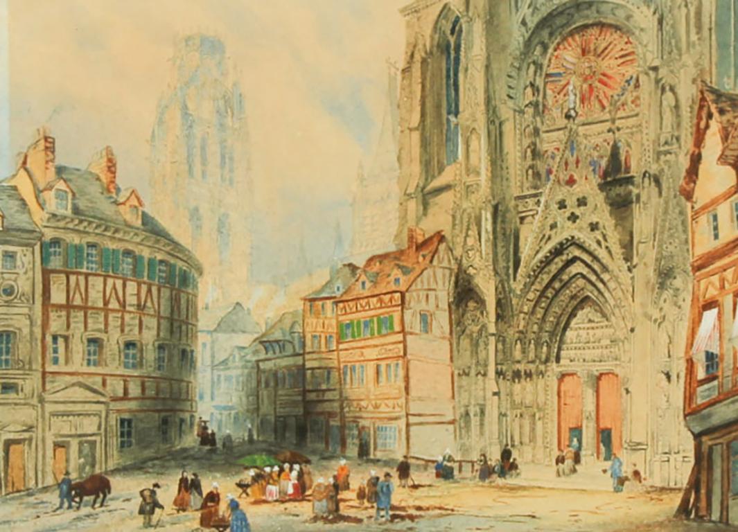 A very fine street scene of Rouen Cathedral, with market stalls and figures near the Cathedral. Presented in a washline mount and simple gilt frame.  Unsigned. On wove.
