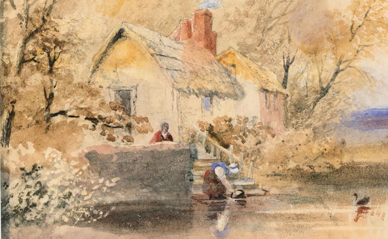 Cornelius Pearson (1805-1891) - 1851 Watercolour, Figures by Waterside Cottage For Sale 1
