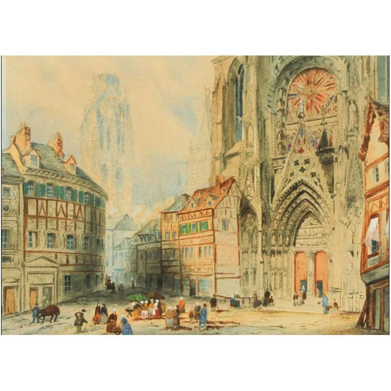 English School 19th Century Watercolour - Rouen Cathedral - Beige Landscape Art by Unknown