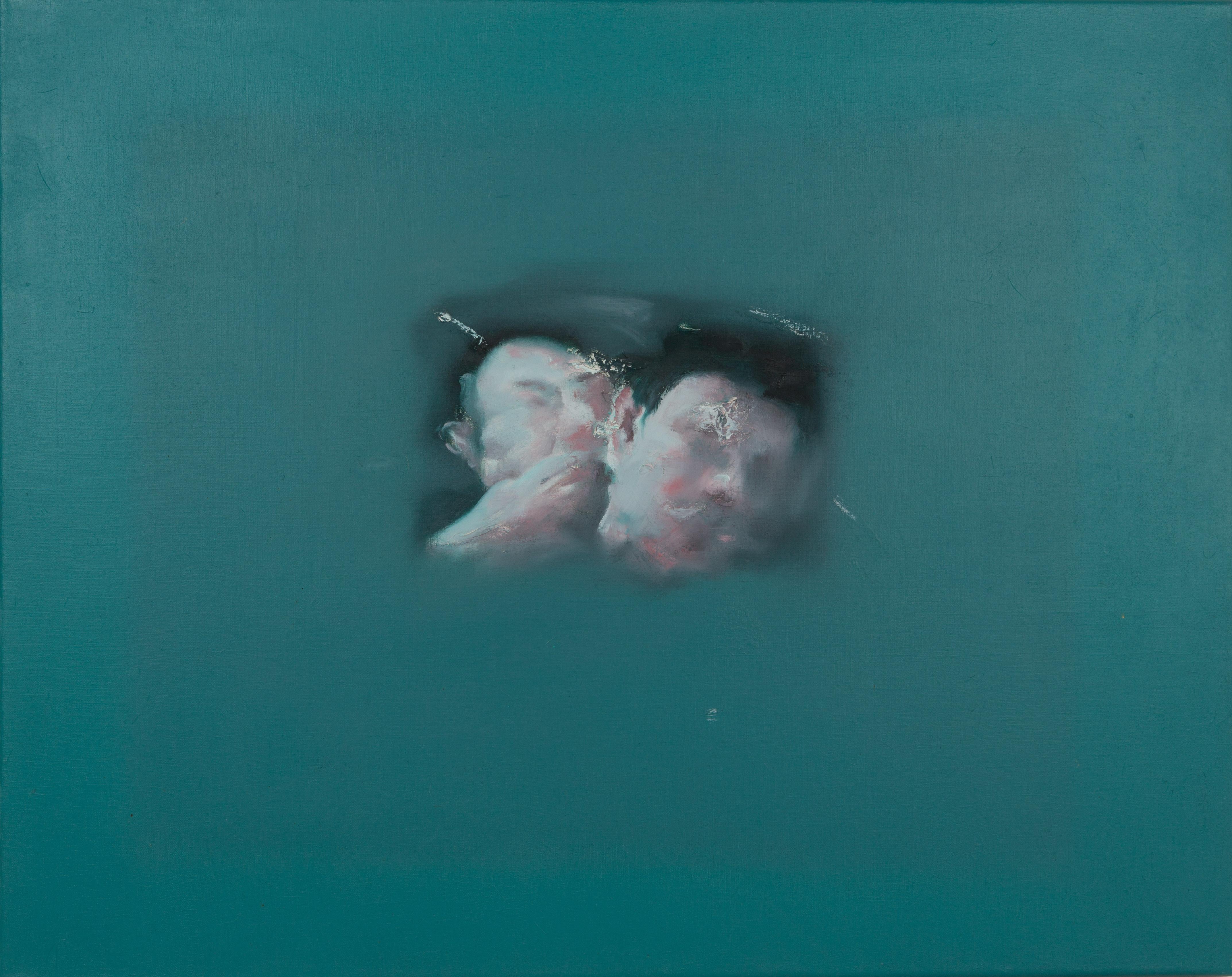 Cheng liangjie's work includes two whispering people. They are cut off from their surroundings. The image is emphasized by multiple frames painted in different shades of green. The viewer feels himself to be a voyeur breaking into the intimacy of