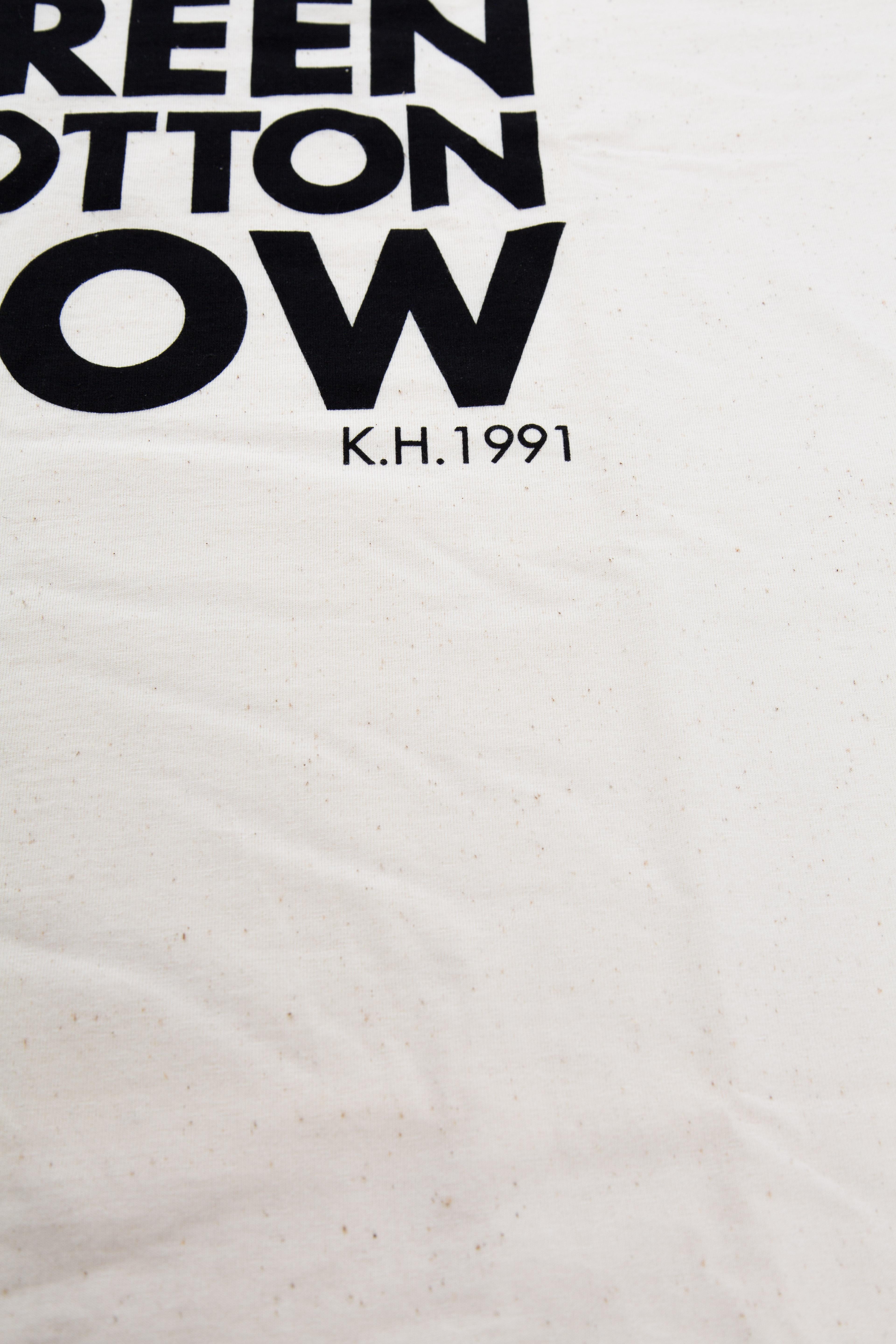 FIRST SERIES OF ORGANIC COTTON T-SHIRTS IN THE WORLD. KATHARINE HAMNETT DESIGNED THE FIRST ORGANIC T-shirts in the world in 1991. These T-shirts where the first organic T-shirts from the ecological agriculture. The organic cotton has been harvest in