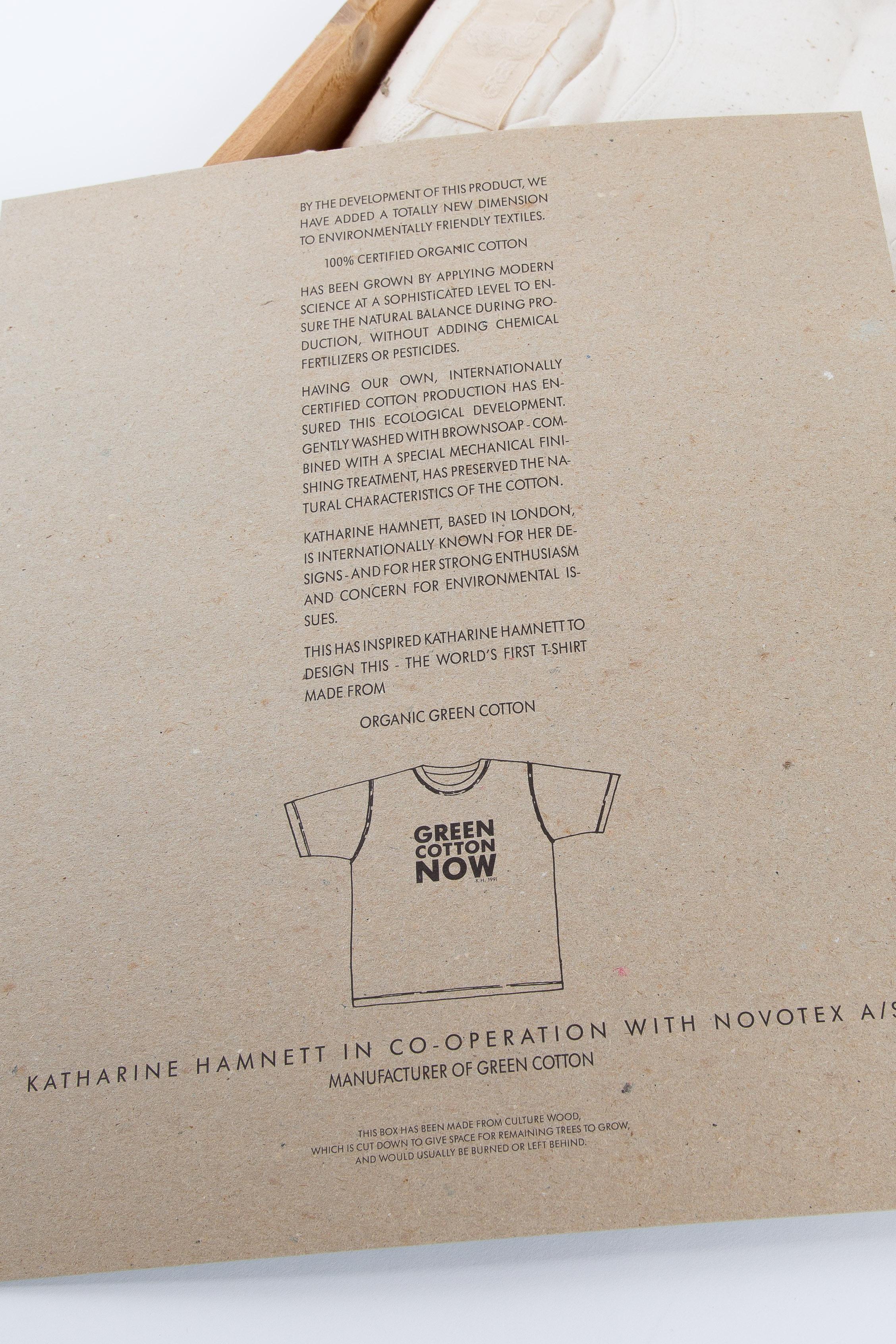 Katharine Hamnett printed text at first organic T-shirts 1991 in original box For Sale 6