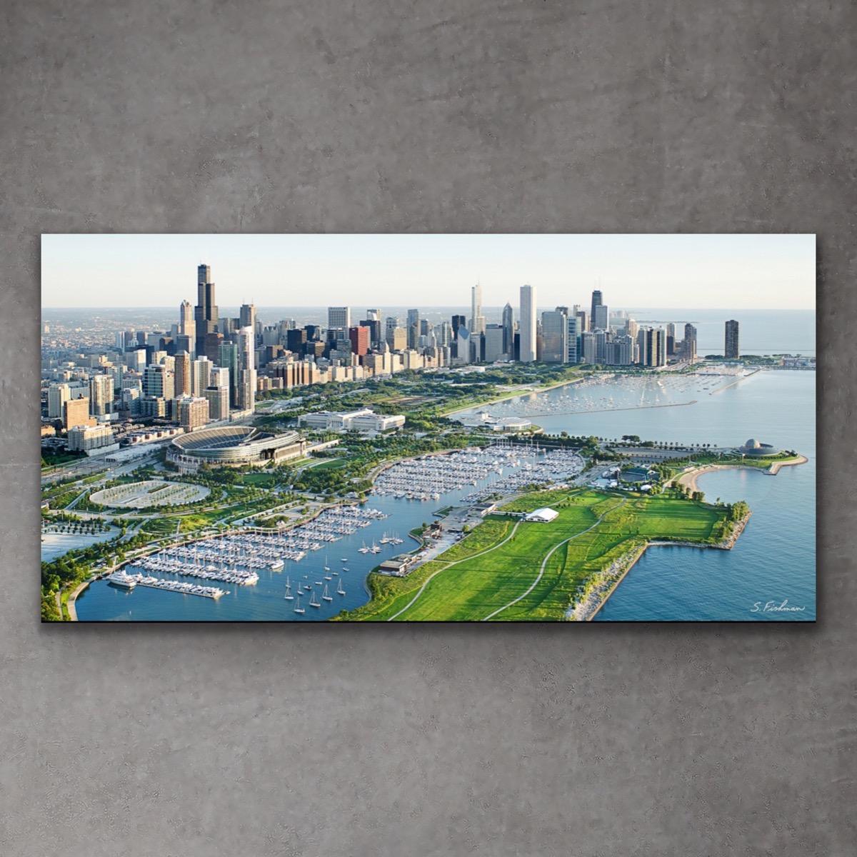 Chicago Skyline, Soldier Field, Lakefront Aerial, Giclee on Metal by Scott F. - Gray Landscape Print by Scott F. 