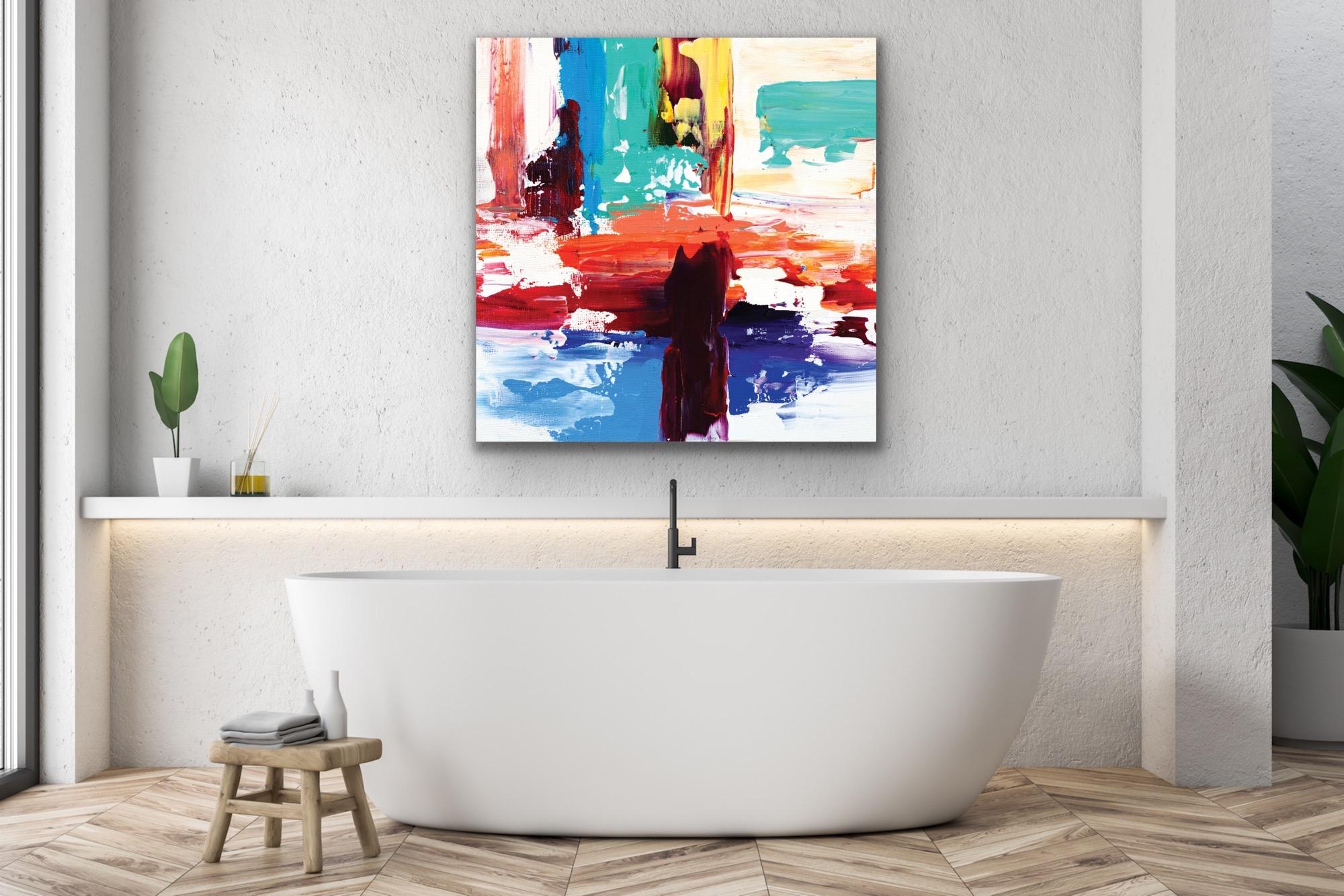 This contemporary modern abstract painting is printed on a lightweight metal composite and comes ready to hang. This vibrant composition can be hung both indoor and outdoor as it is weather resistant.

-Artist: Celeste Reiter
-Open Edition - Signed