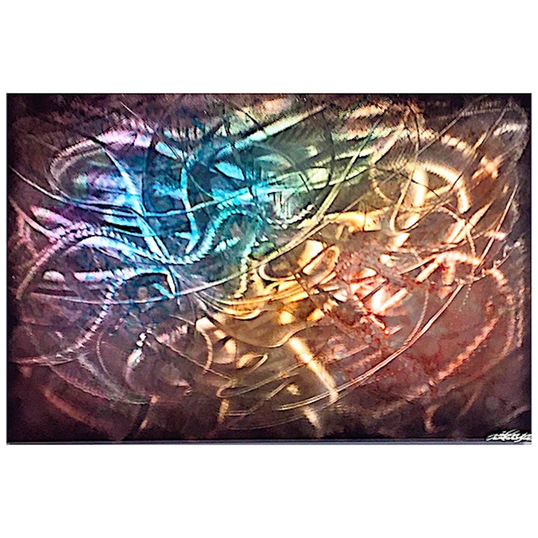Spectro is a wild abstract metal art piece, hand ground and hand painted by Sebastian Y. The colorful rainbow hues of gold, pink, violet, blue and green flow together in an energetic explosion. This metal masterpiece features a ground/etched