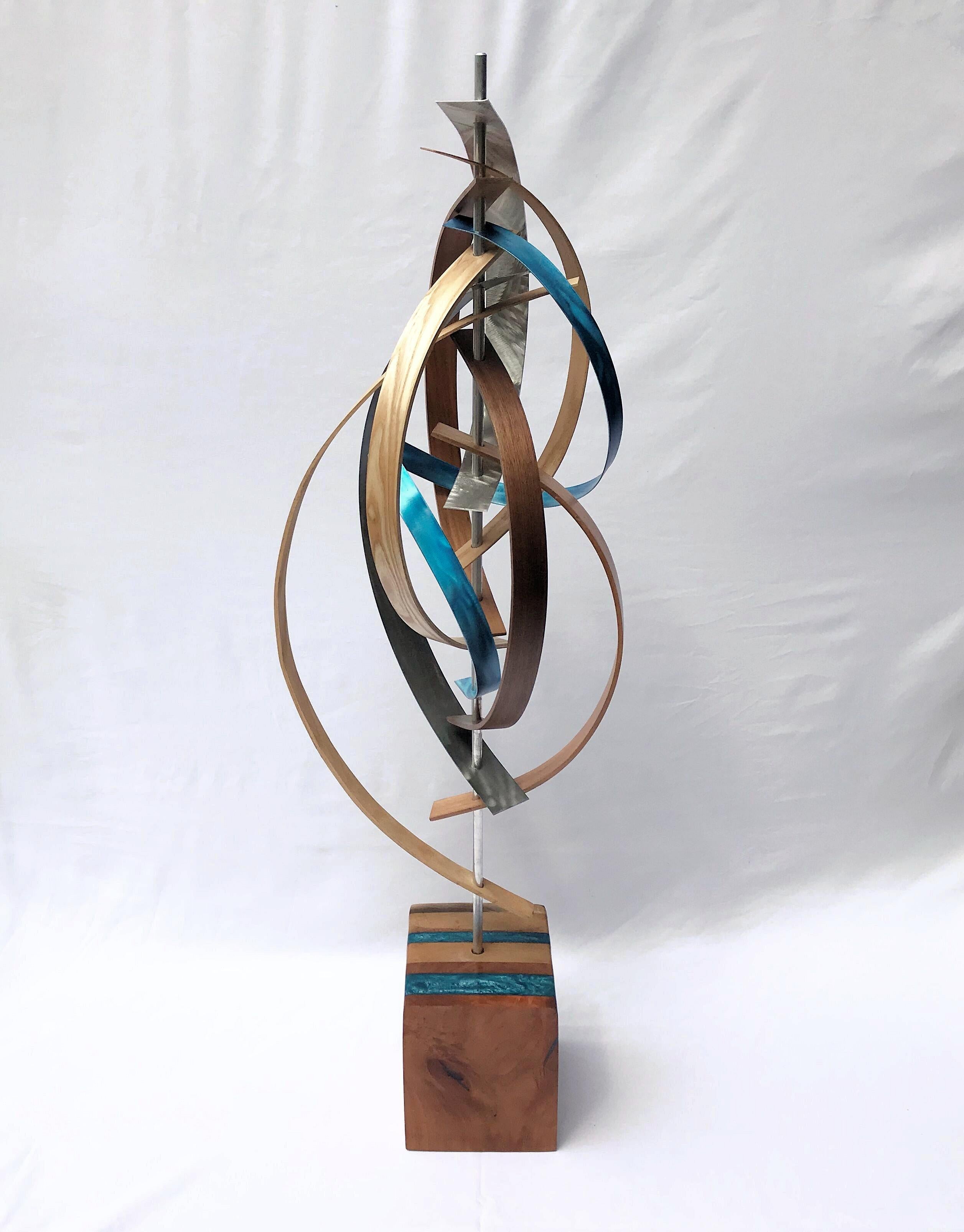 Jeff Linenkugel Abstract Sculpture - Wood and Metal Free-Standing Sculpture Mid-Century Modern Contemporary Rustic 
