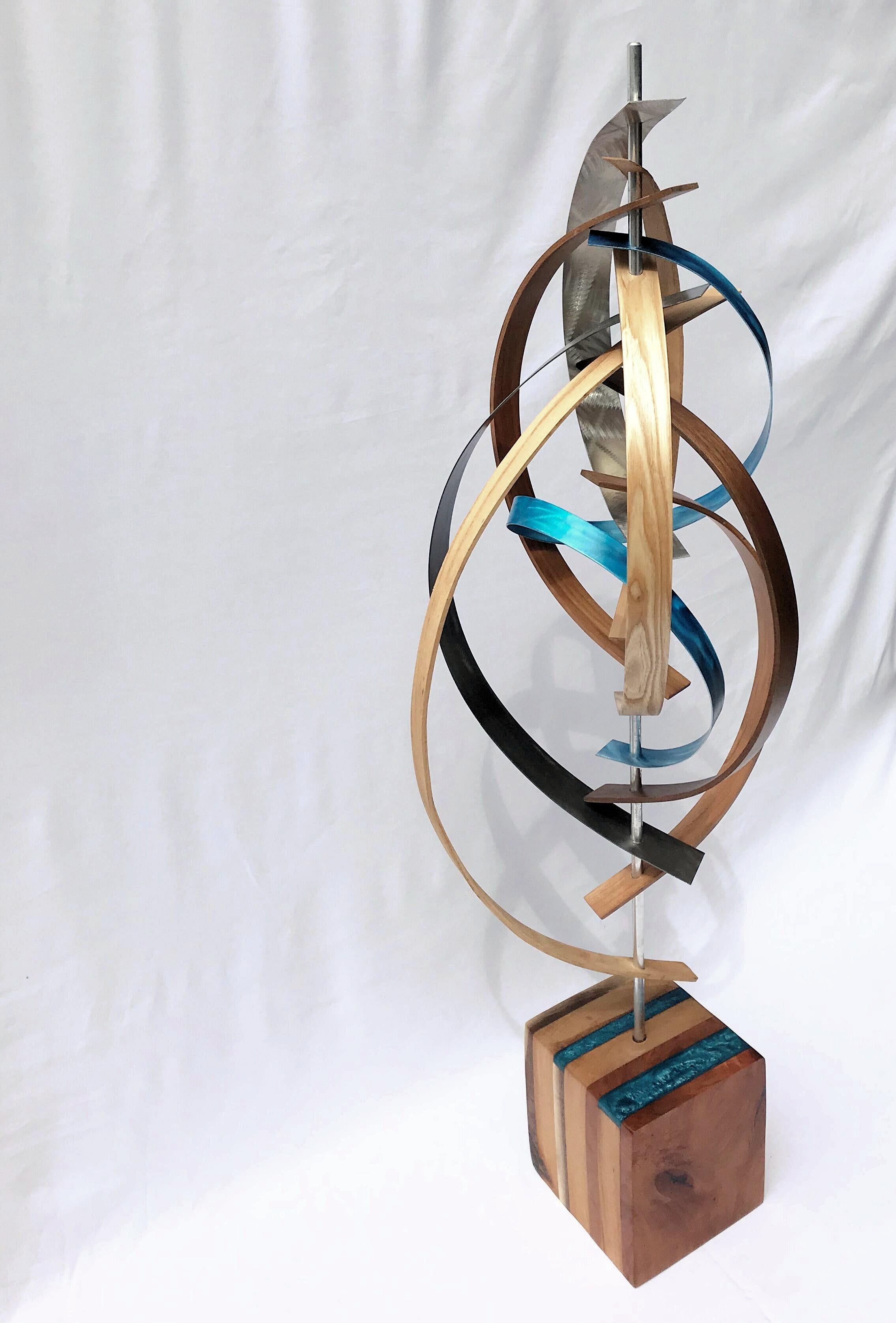Wood and Metal Free-Standing Sculpture Mid-Century Modern Contemporary Rustic  - Brown Abstract Sculpture by Jeff Linenkugel