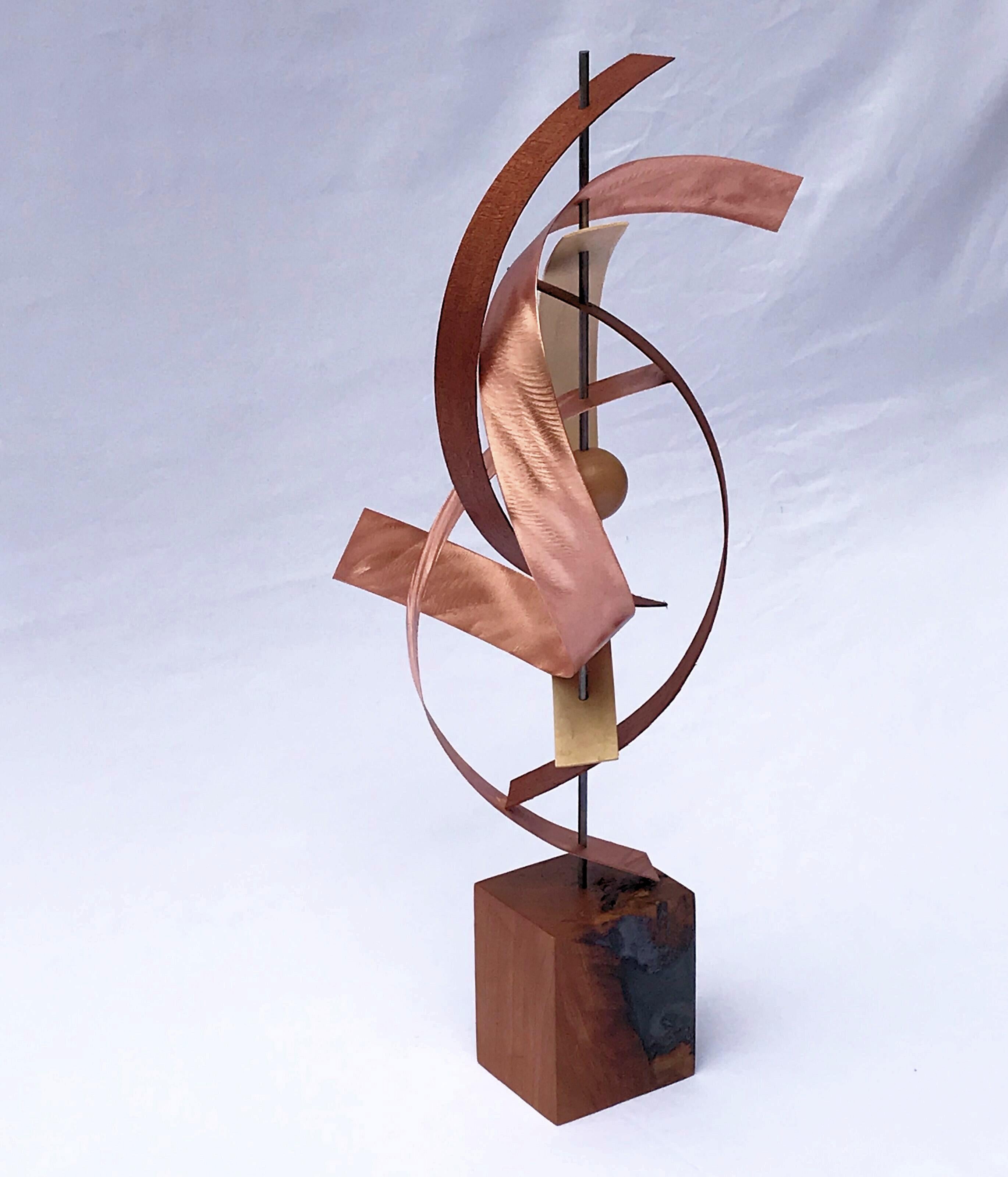 Jeff Linenkugel Abstract Sculpture - Modern Mid-Century Copper Rustic Wood Free-Standing Sculpture Decor Linenkugel 