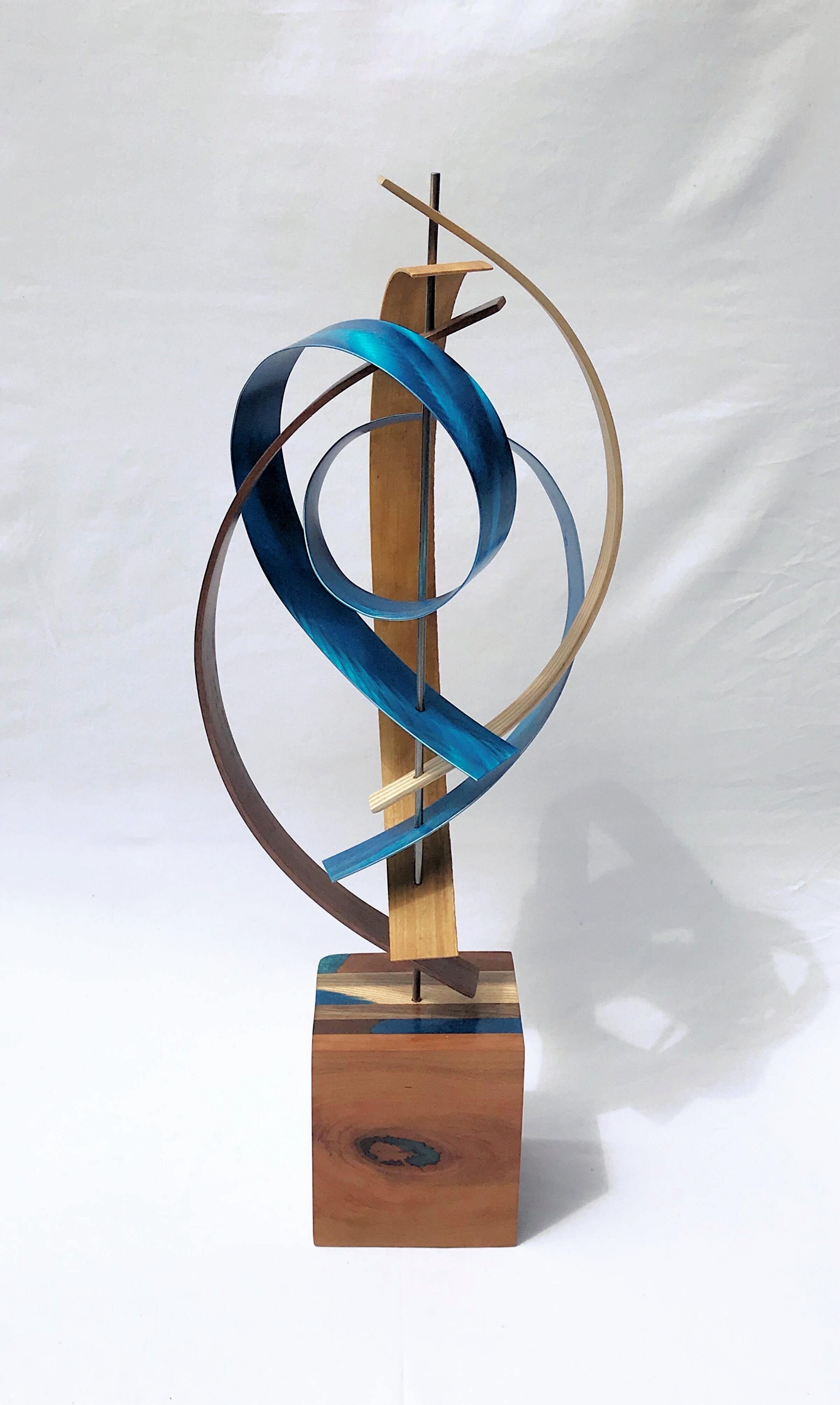 Moderne moderne freistehende Holz-Metall-Skulptur:: Original:: zeitgenössische Kunst Linenkugel 1