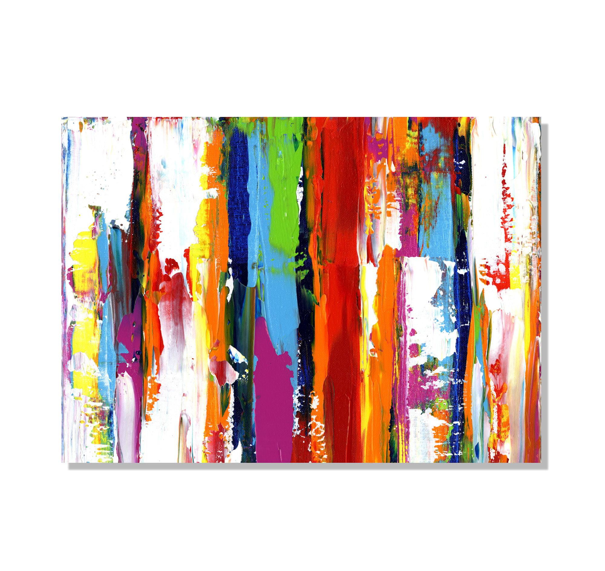 This contemporary colorful abstract painting is printed on a lightweight metal composite and comes ready to hang. The automotive high-gloss clear coat offers both UV protection and high-end modern finish. This vibrant composition can be hung both