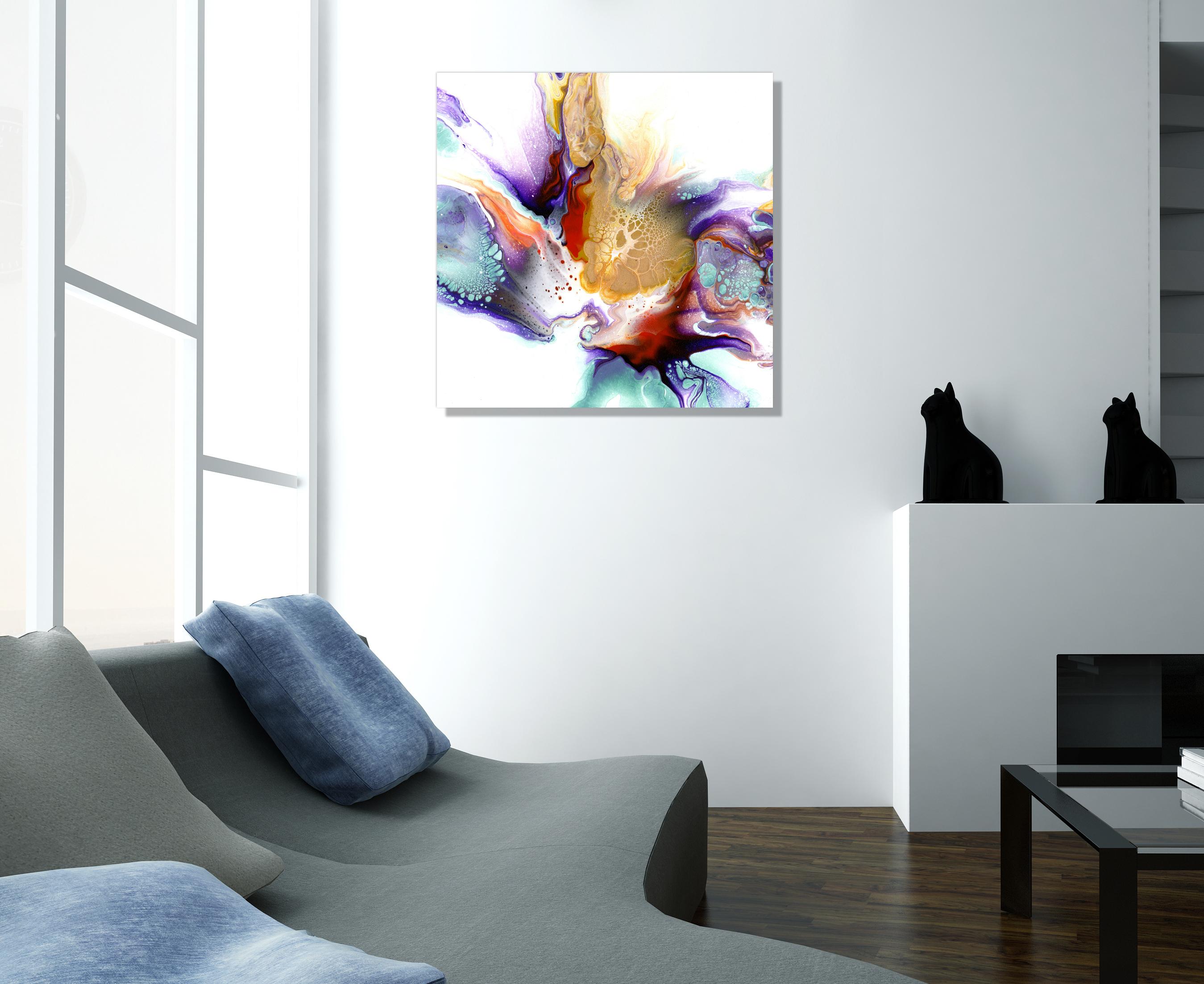 This ultra-modern painting piece boasts explosive colors of orange, blue, purple, red, gold, and laced with beautiful details throughout. Printed on lightweight metal composite, your artwork comes ready to hang. The automotive high-gloss clear coat