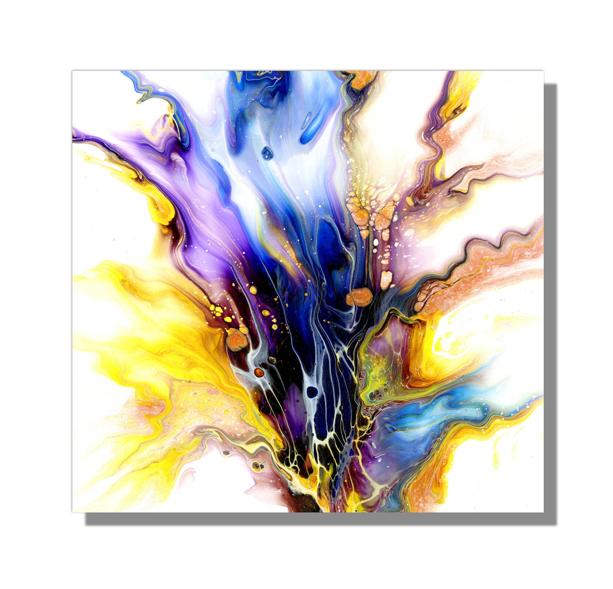 This ultra modern painting piece boasts explosive colors of yellow, blue, purple, copper, and laced with beautiful details throughout. Printed on lightweight metal composite, your artwork comes ready to hang. The automotive high-gloss clear coat