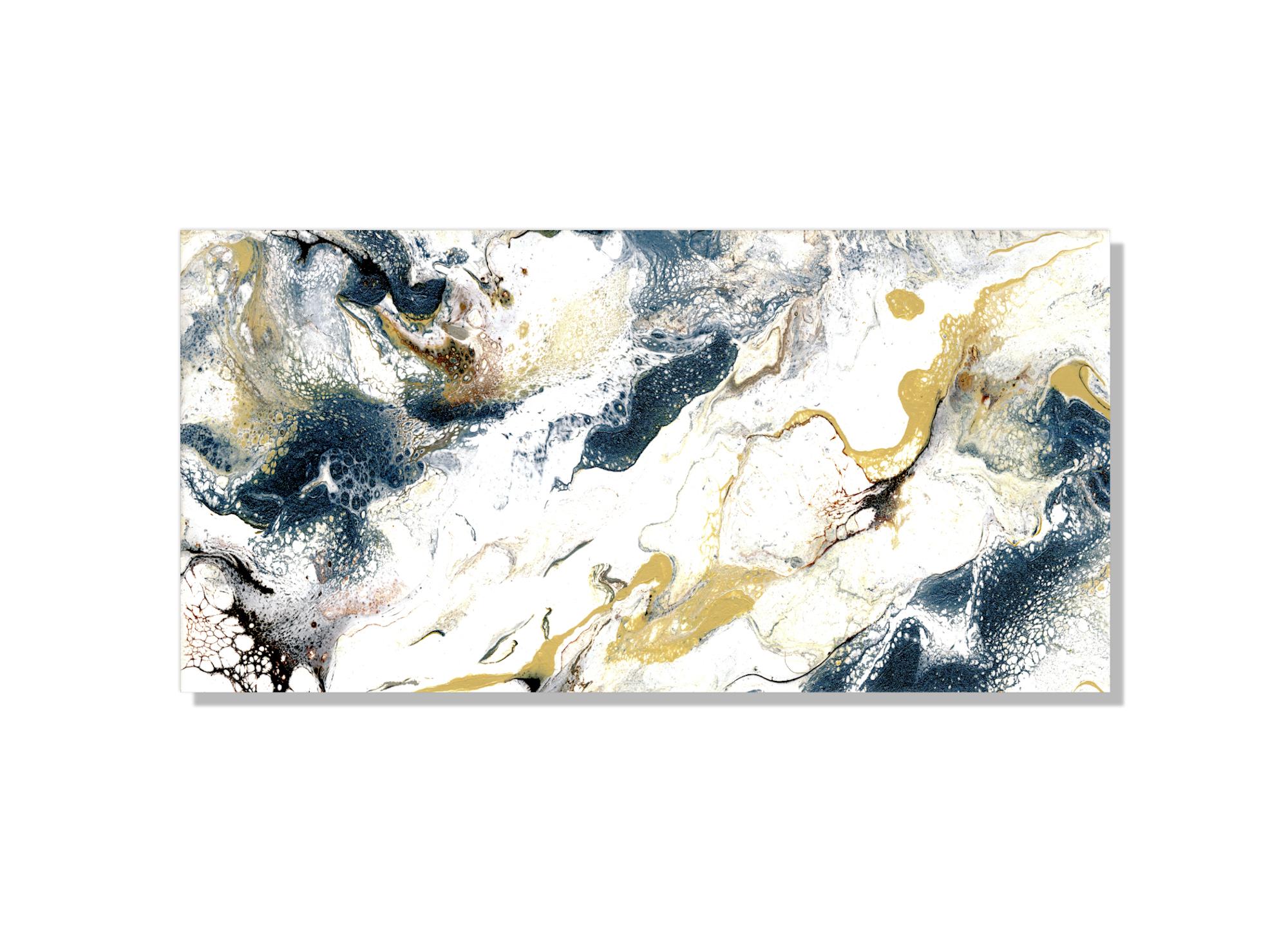 This industrial modern abstract painting is comprised of brown, blue, gold, and white. Printed on a lightweight metal composite, your artwork comes ready to hang. The automotive high-gloss clear coat offers both UV protection and high-end