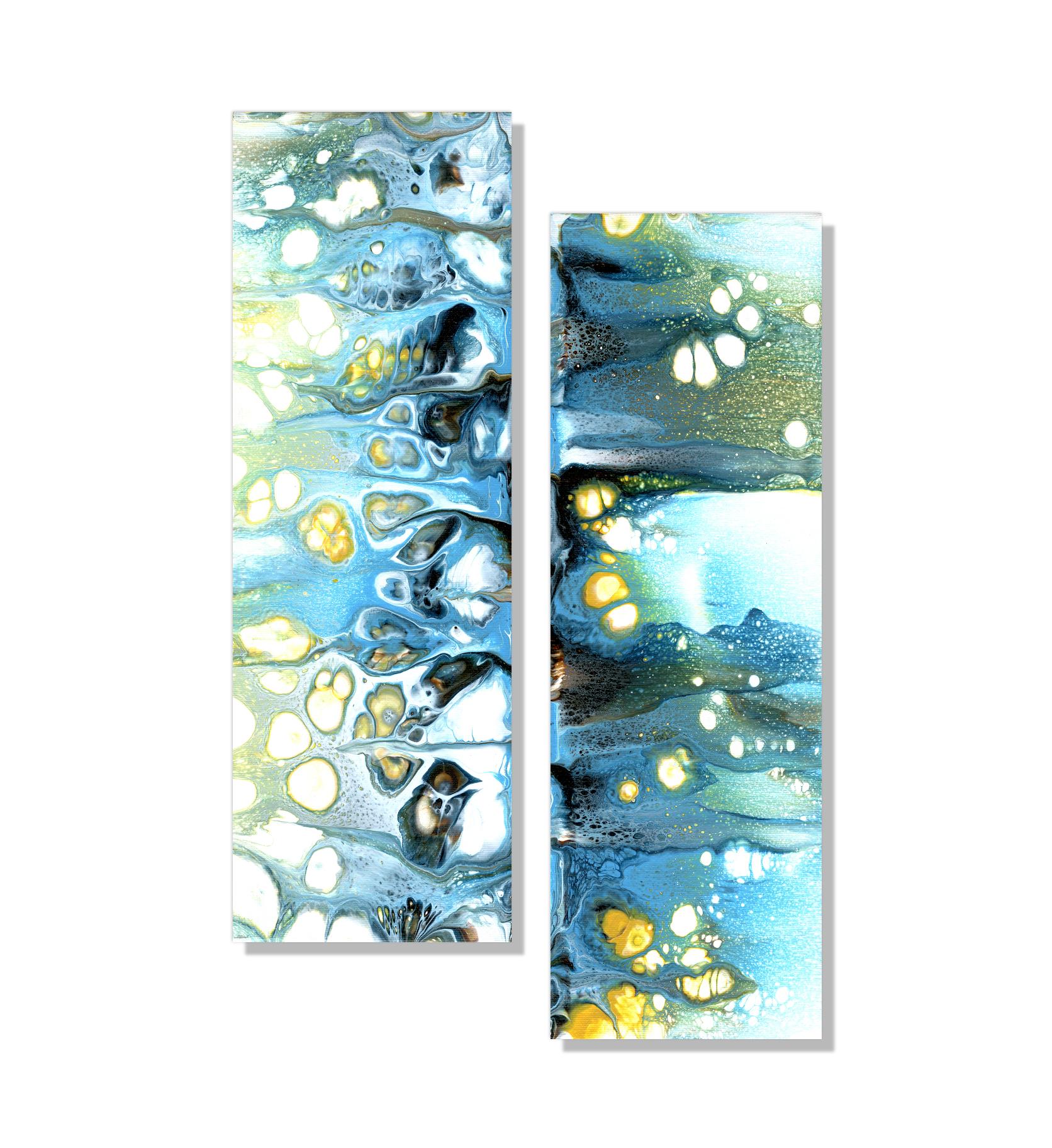 This contemporary abstract painting include blue, green, yellow, and white. Printed on a lightweight metal composite, your artwork arrives ready to hang. The automotive high-gloss clear coat offers both UV protection and high-end modern finish. This