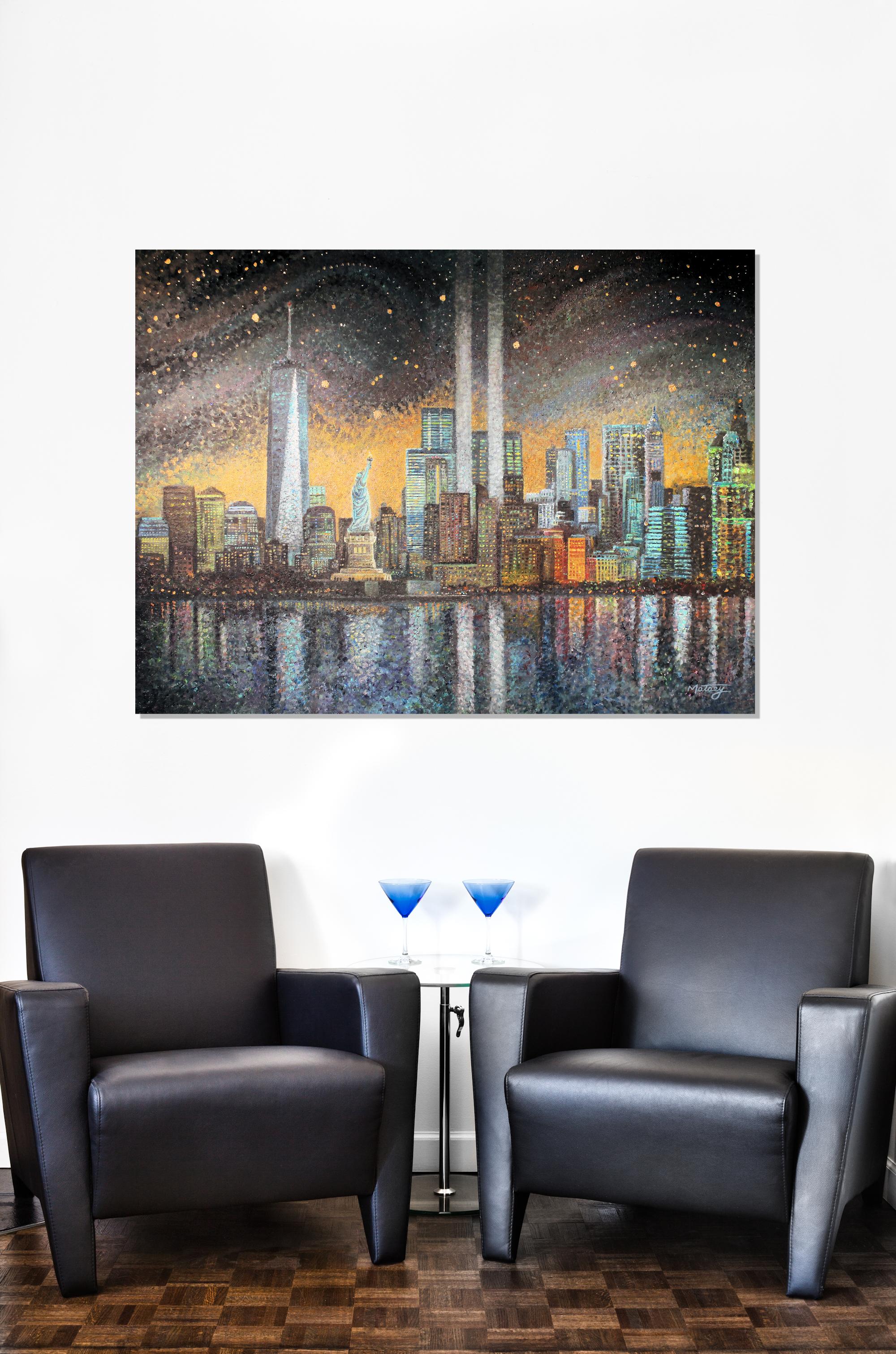 The New York skyline painted with Greg Matsey's signature pointillism style in one of his more time consuming pieces.  The Statue of Liberty looks on to salute the men and women of this great city.  The details bring more impressionism brush strokes