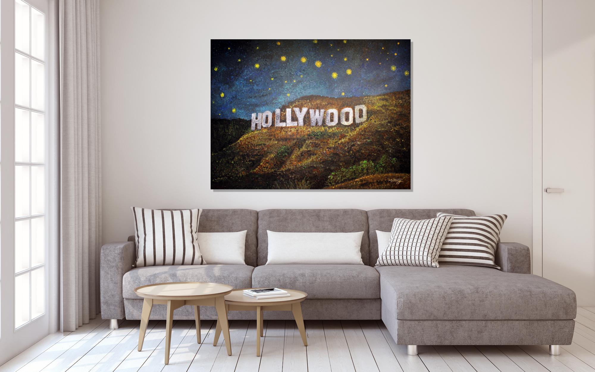 The Hollywood Sign is an American landmark and cultural icon located in Los Angeles, California. It is situated on Mount Lee, in the Hollywood Hills area of the Santa Monica Mountains.  This painting pulls inspiration from Vincent Van Gogh's