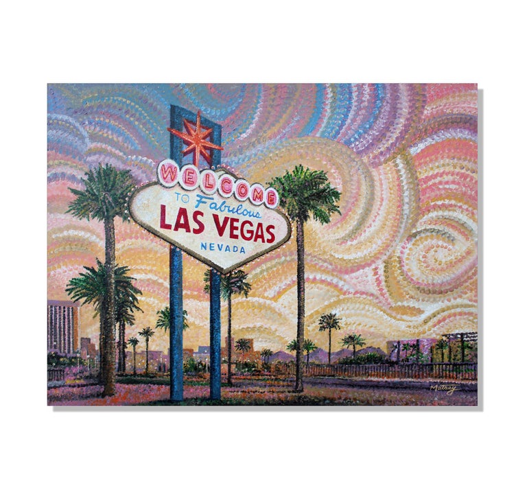 Lucky #21 in Greg Matsey's pointillism collection brings in focus the iconic welcome signage entering Las Vegas, Nevada.  

-Title: Viva Las Vegas
-Artist: Greg Matsey
-Overall Dimensions: 36h"x48w"x1"
-Medium: Canvas mixed media giclee print has