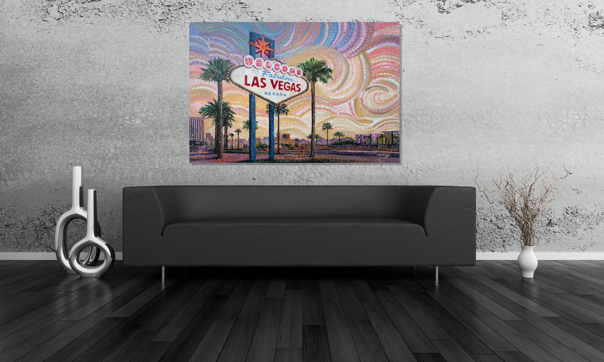 Lucky #21 in Greg Matsey's pointillism collection brings in focus the iconic welcome signage entering Las Vegas, Nevada.  

-Title: Viva Las Vegas
-Artist: Greg Matsey
-Overall Dimensions: 36h