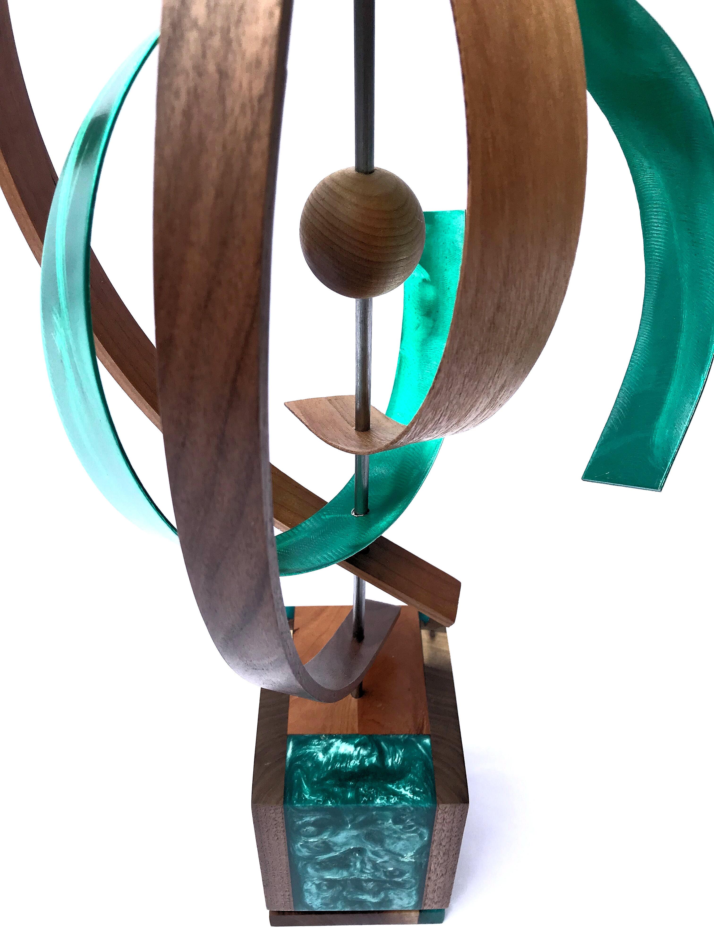 Jeff Linenkugel Abstract Sculpture - Modern Wood Metal Free-Standing Rotating Sculpture Original Contemporary Art 