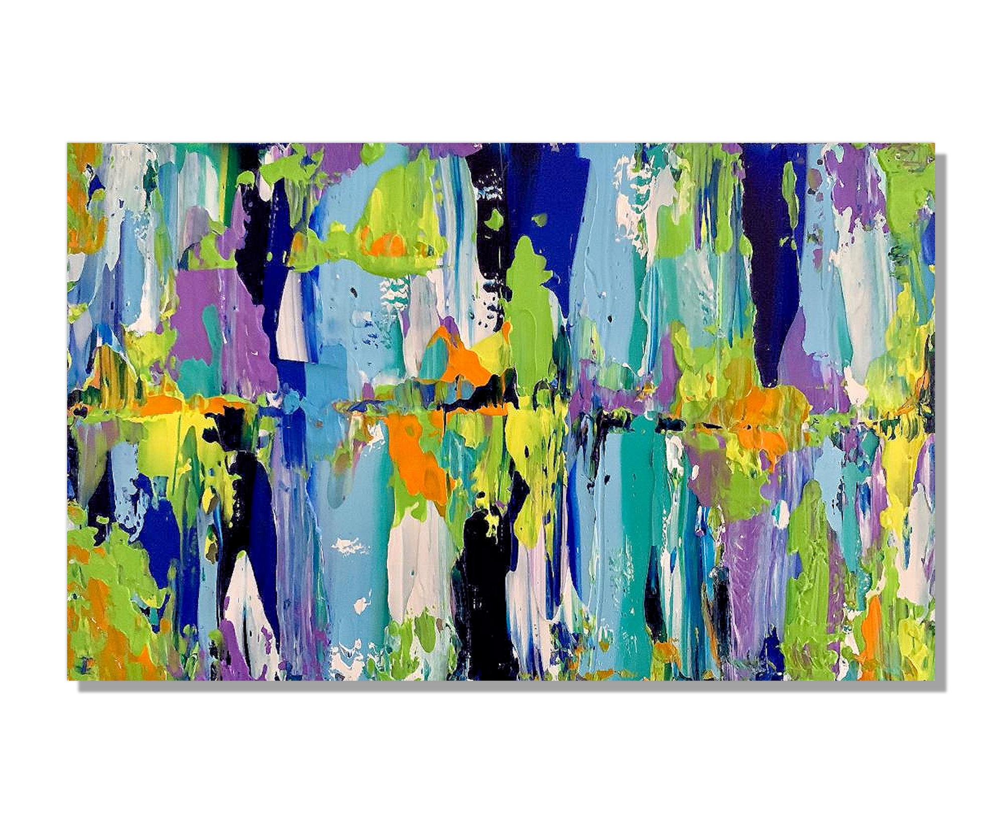 This contemporary modern colorful abstract knife painting is printed on a lightweight metal composite and comes ready to hang. The automotive high-gloss clear coat offers both UV protection and high-end modern finish. This vibrant composition can be