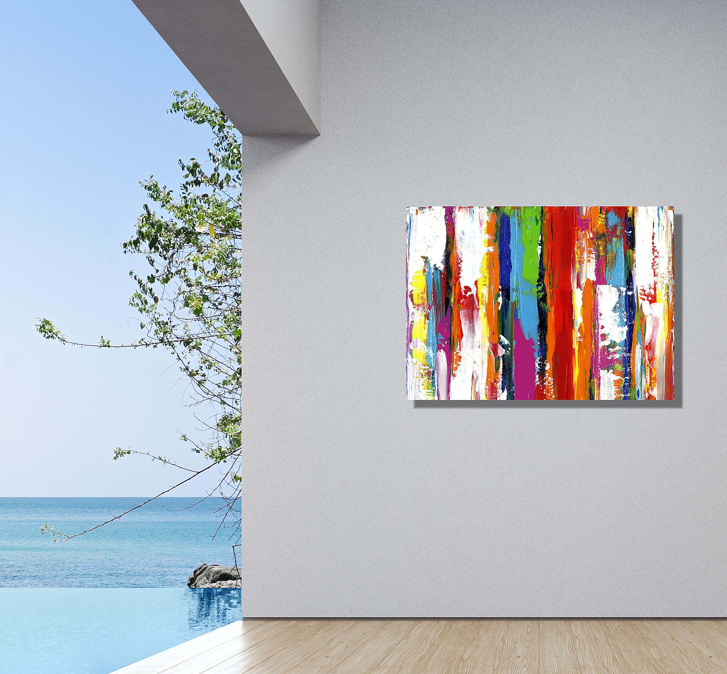 This contemporary colorful abstract painting is printed on a lightweight metal composite and comes ready to hang. The automotive high-gloss clear coat offers both UV protection and high-end modern finish. This vibrant composition can be hung both