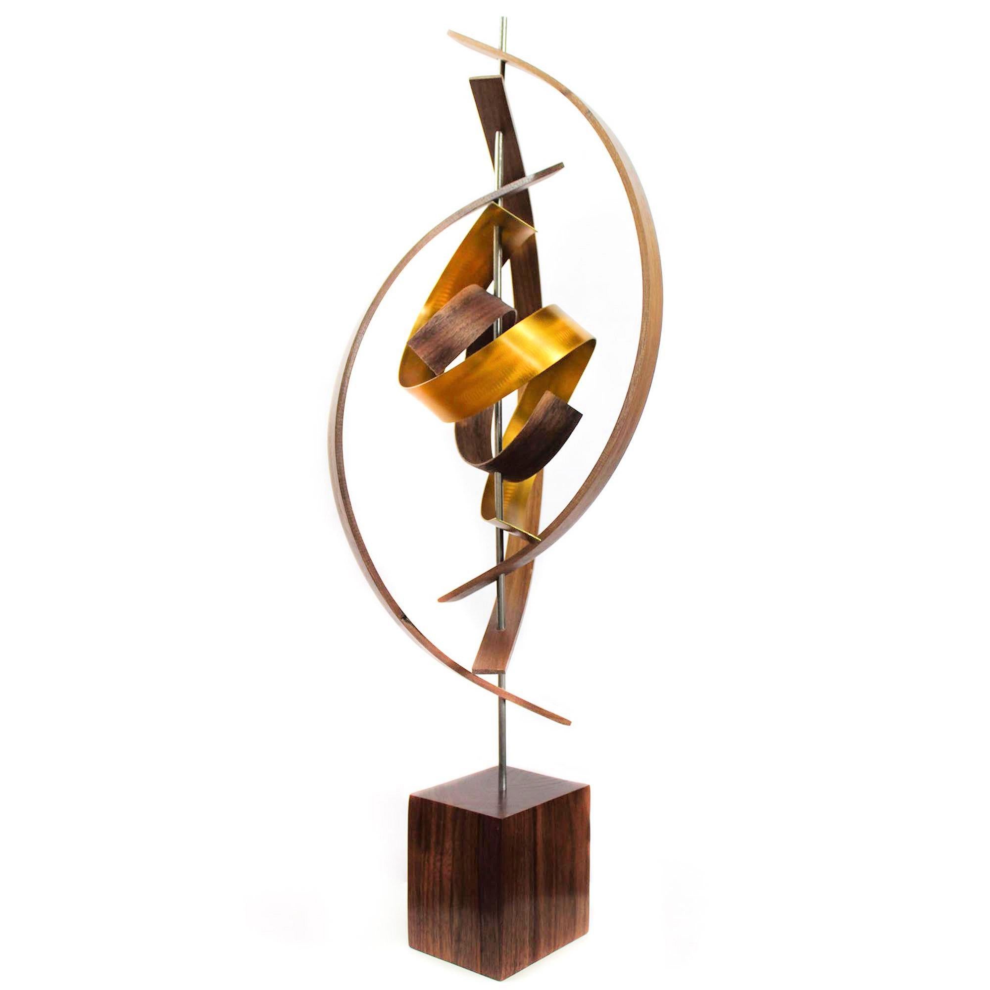 Description:  This sculpture consists of pre-formed black walnut and tinted aluminum with grind pattern. Solid cherry base. This sculpture is an open-edition multiple original; hand-made by the artist.
Title: Spiral

Artist Bio:
Jeff was born and