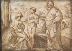 18th 19th century Italian figure drawing - Creation Adam Eve - Pencil paper 