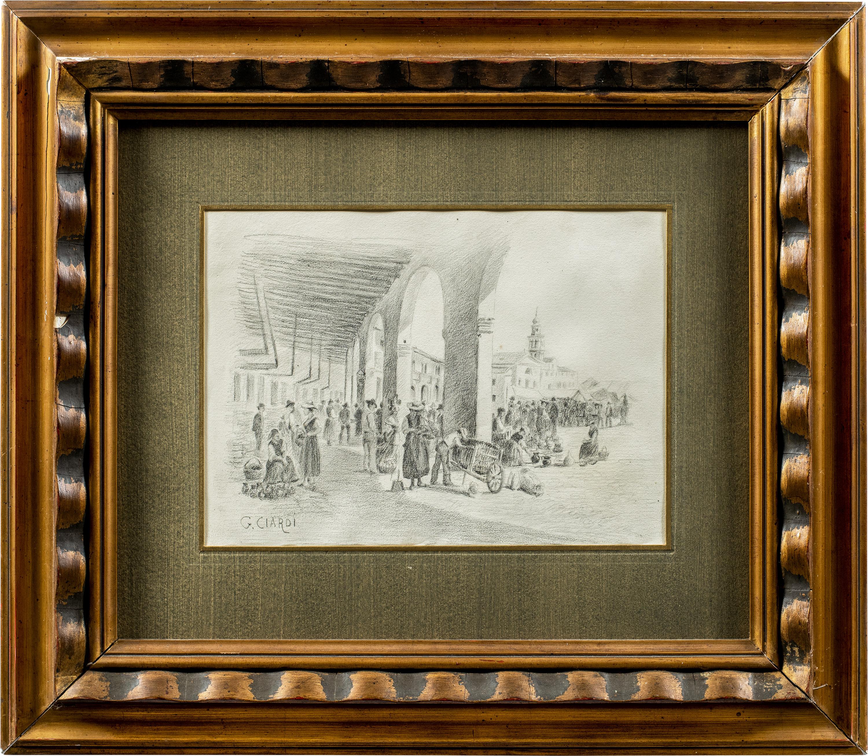 Guglielmo Ciardi (Venise 1842 - Venise 1917) - Marché Badoere.

20 x 27,5 cm sans cadre, 44,5 x 51 cm avec cadre.

Dessin au crayon sur papier, dans un passe-partout dans un cadre en bois.

- Œuvre signée en bas à gauche : "G. Ciardi".

État de