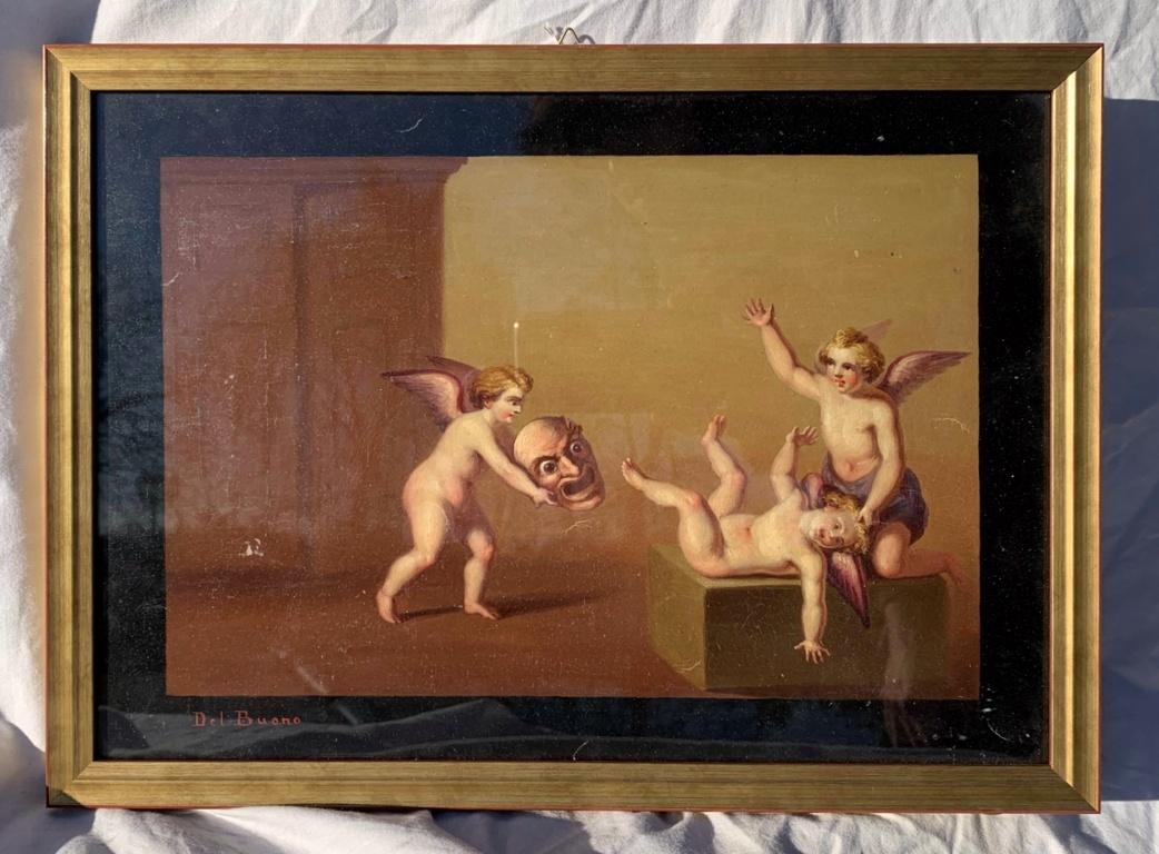 19th century Italian figure paintings - Cupid putti - Oil on paper Roman signed 4