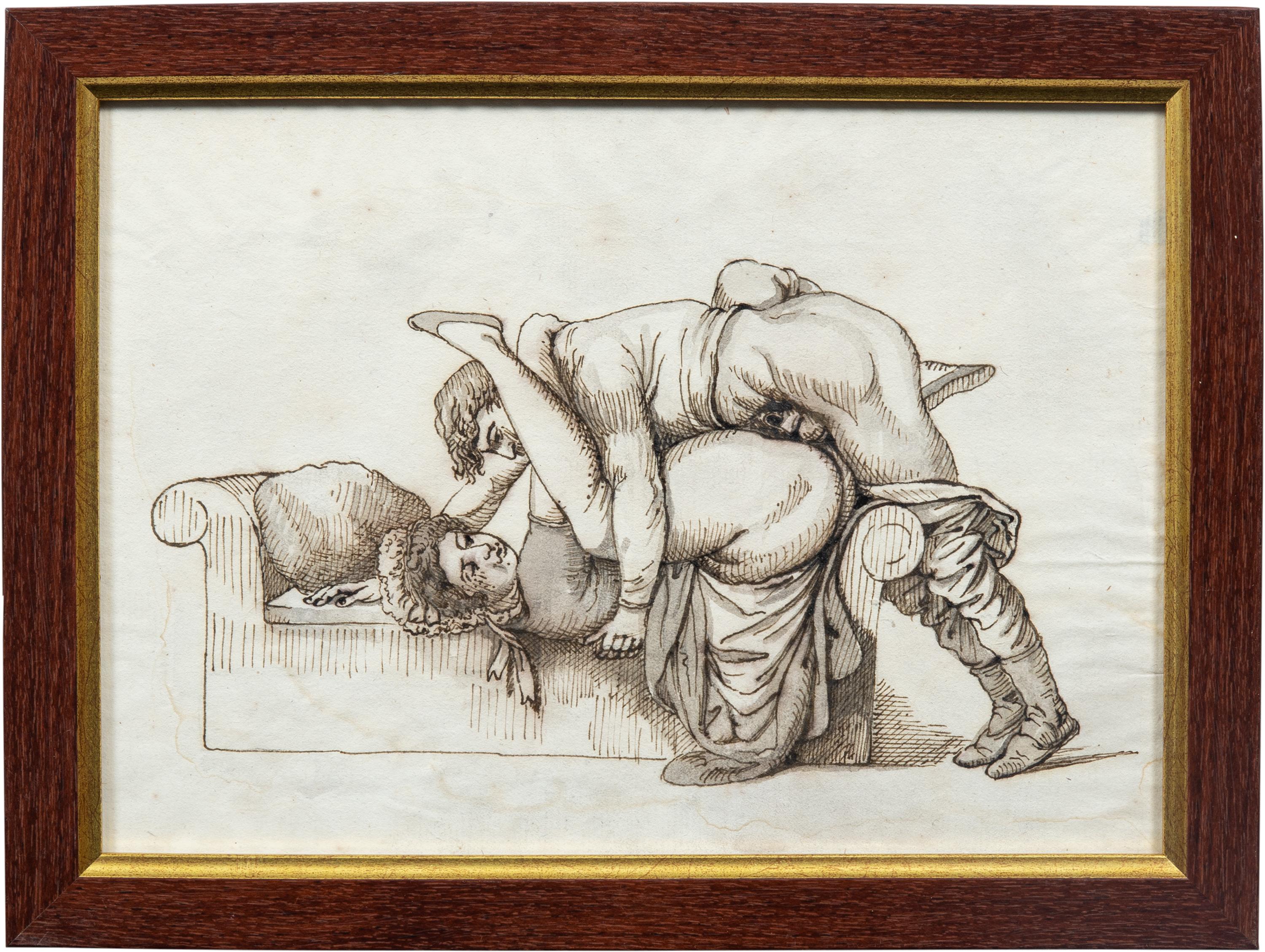 French painter (19th century) - Four erotic scenes.

17 x 24 cm without frames, 21.5 x 28.5 cm with frames.

Antique ink drawings on paper, in wooden frames.

Condition report: Paper support in good condition. Some yellowing and stains.


- All