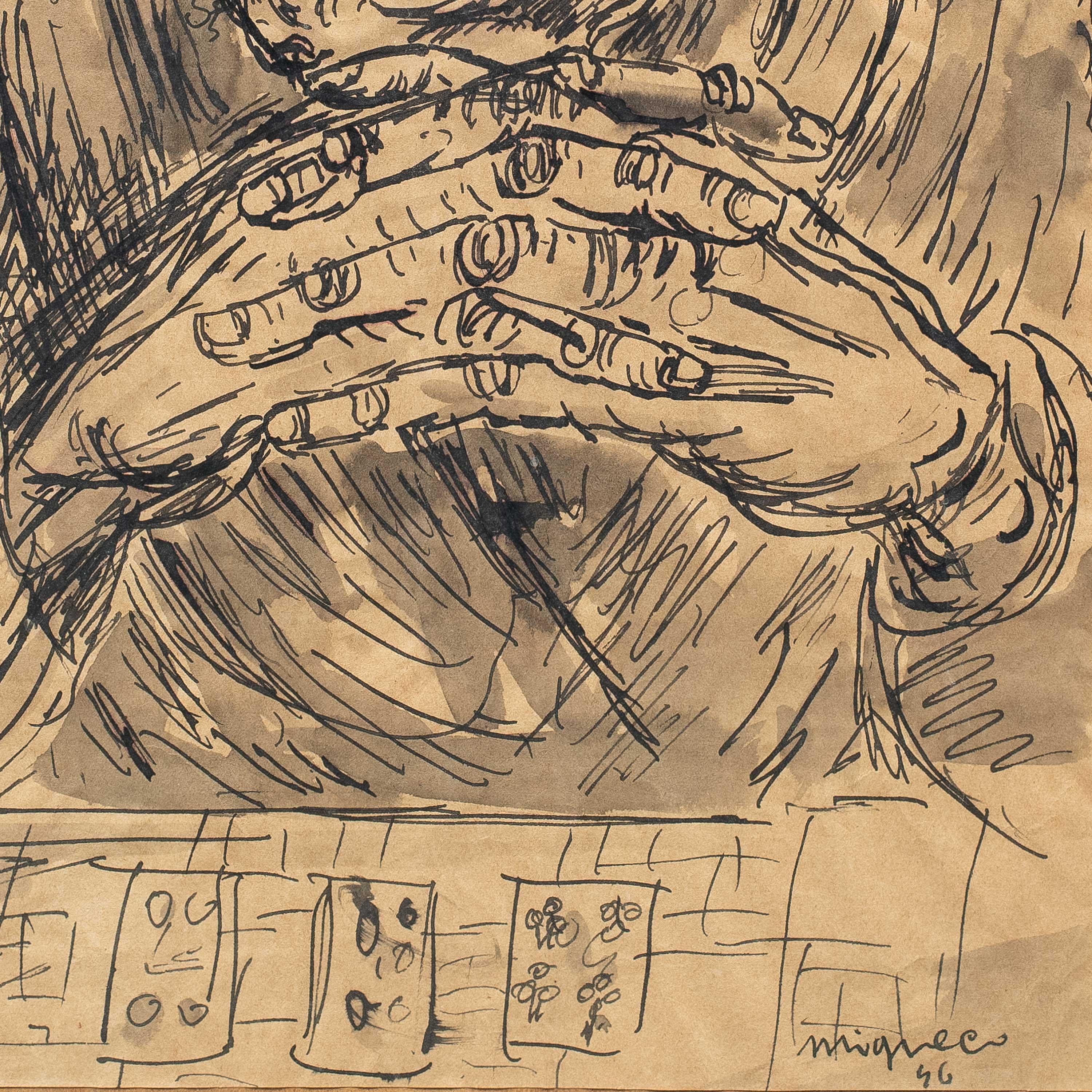 Giuseppe Migneco (Messina 1903 - Milan 1997) - The fortune teller.

49.5 x 39.5 cm without frame, 52.5 x 40.5 cm with frame.

Antique mixed technique drawing on paper, in wooden frame.

- Work signed and dated on the lower right: “Migneco