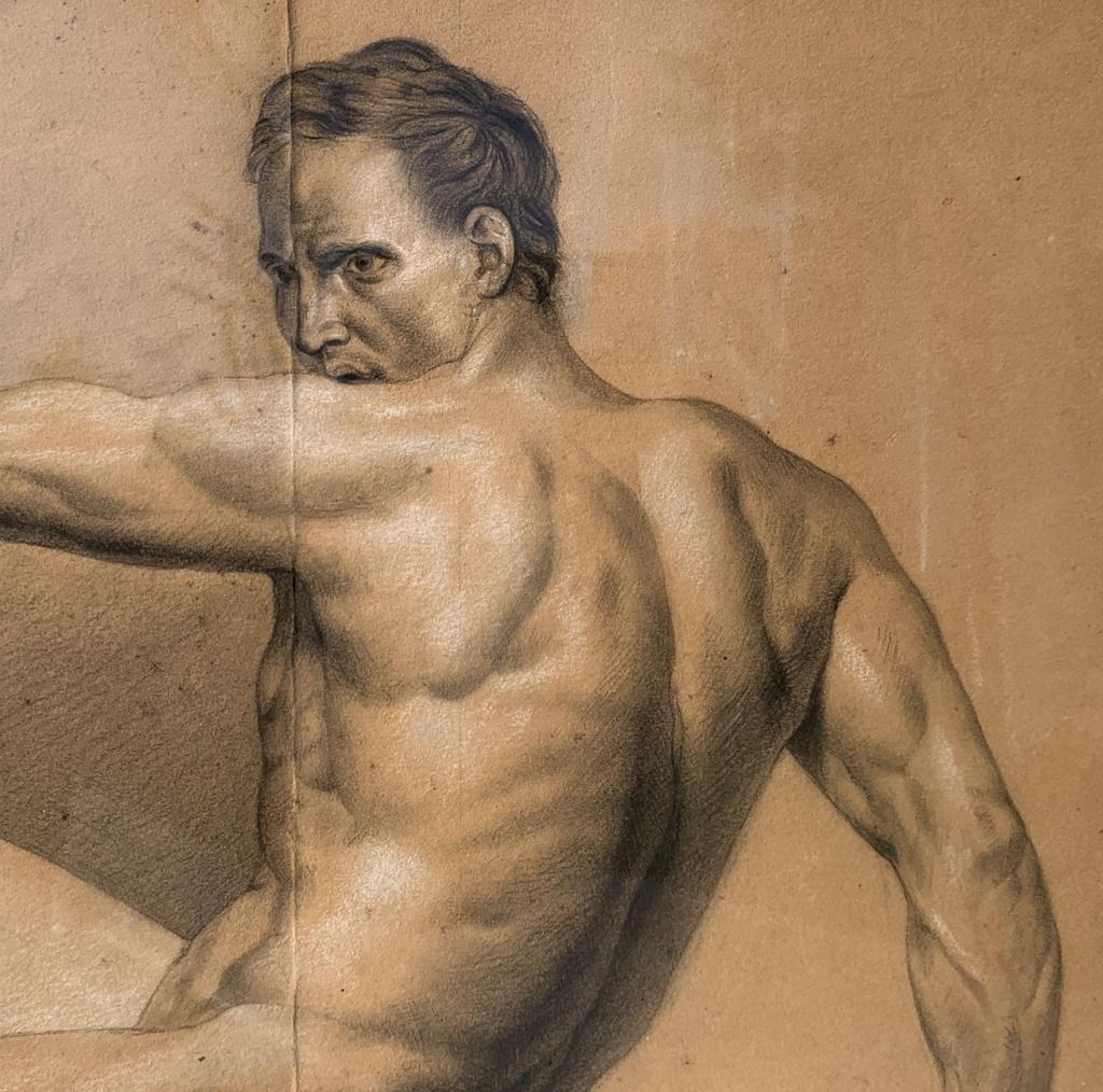 Italian painter (19th-20th century) - Academic male nude.

44 x 44 cm without frame, 54 x 54 cm with frame.

Pencil drawing and white chalk on paper, in a lacquered wooden frame.

Condition report: Good state of conservation of the paper support and