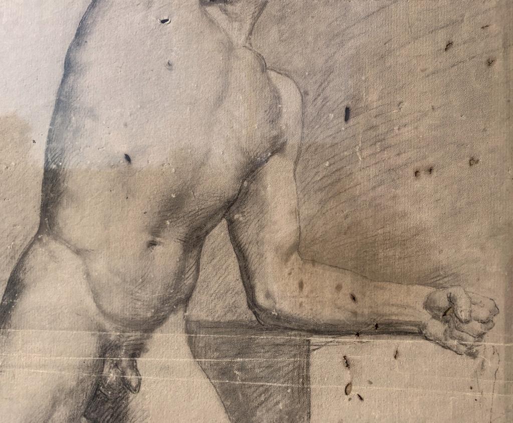 Italian painter (19th-20th century) - Academic male nude.

39.5 x 33 cm without frame, 60.5 x 54 cm with frame.

Pencil and white chalk drawing on paper, in a lacquered wooden frame.

Condition report: Good condition of the paper support and the