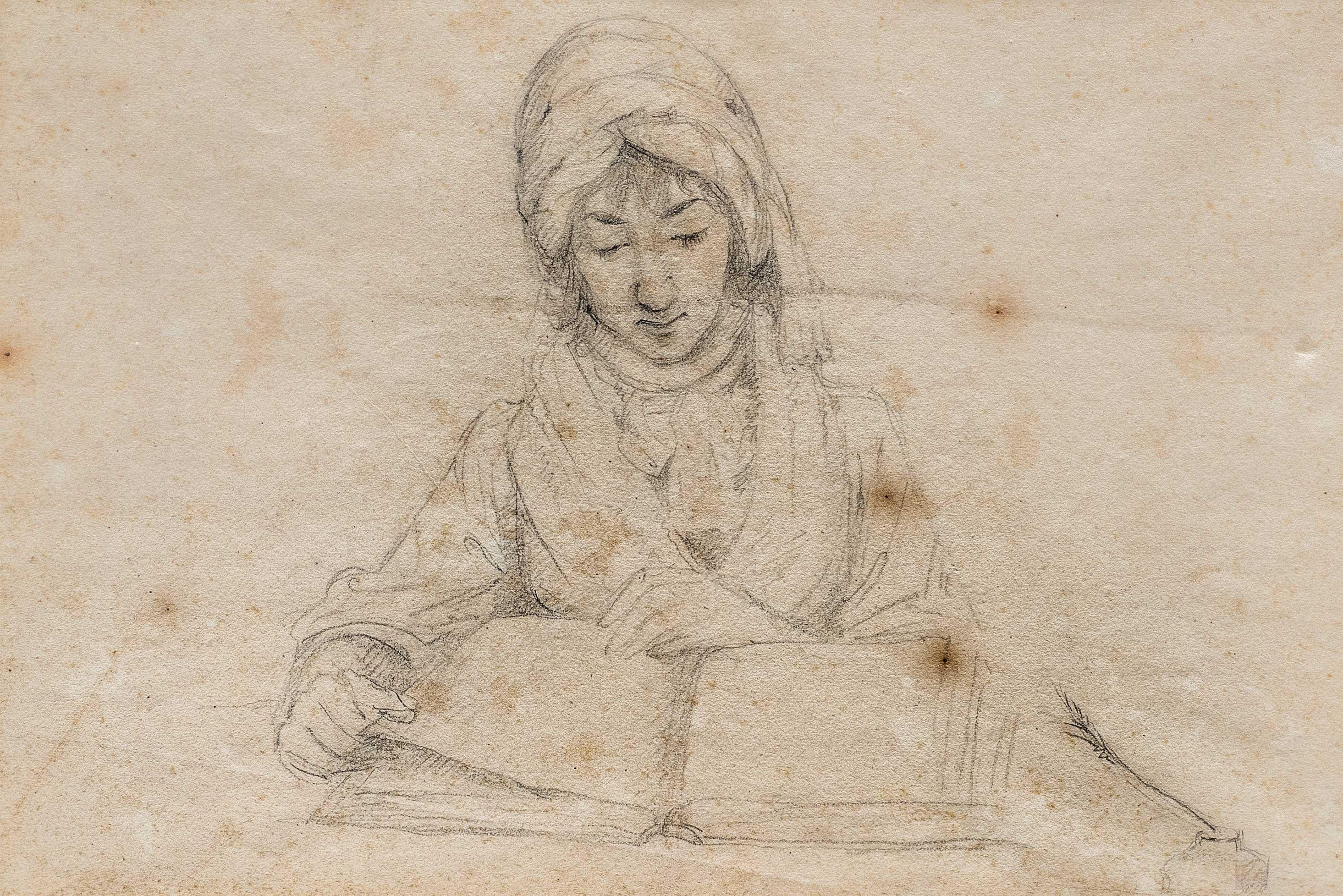 Artista italiano antiguo - Dibujo de figura del siglo XVIII/XIX - El escritor - Figurative Art Beige de Unknown
