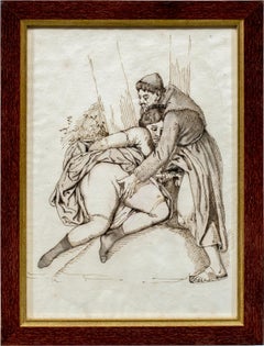Pintor romántico francés - Dibujo erótico de figuras del siglo XIX, tinta sobre papel
