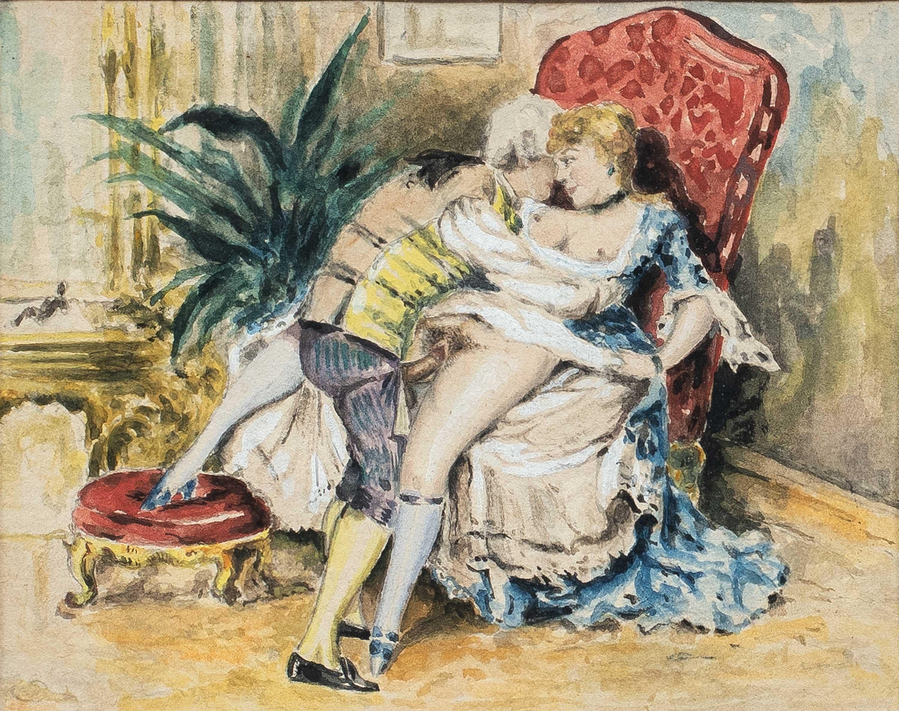 French painter - 19th/20th century erotic watercolour - Intimate scene