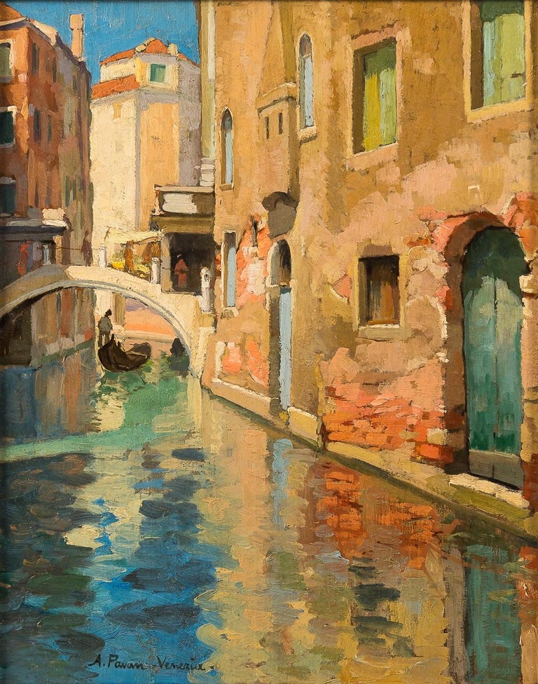 Angelo Pavan 19th century Italian painting view of Venice figure