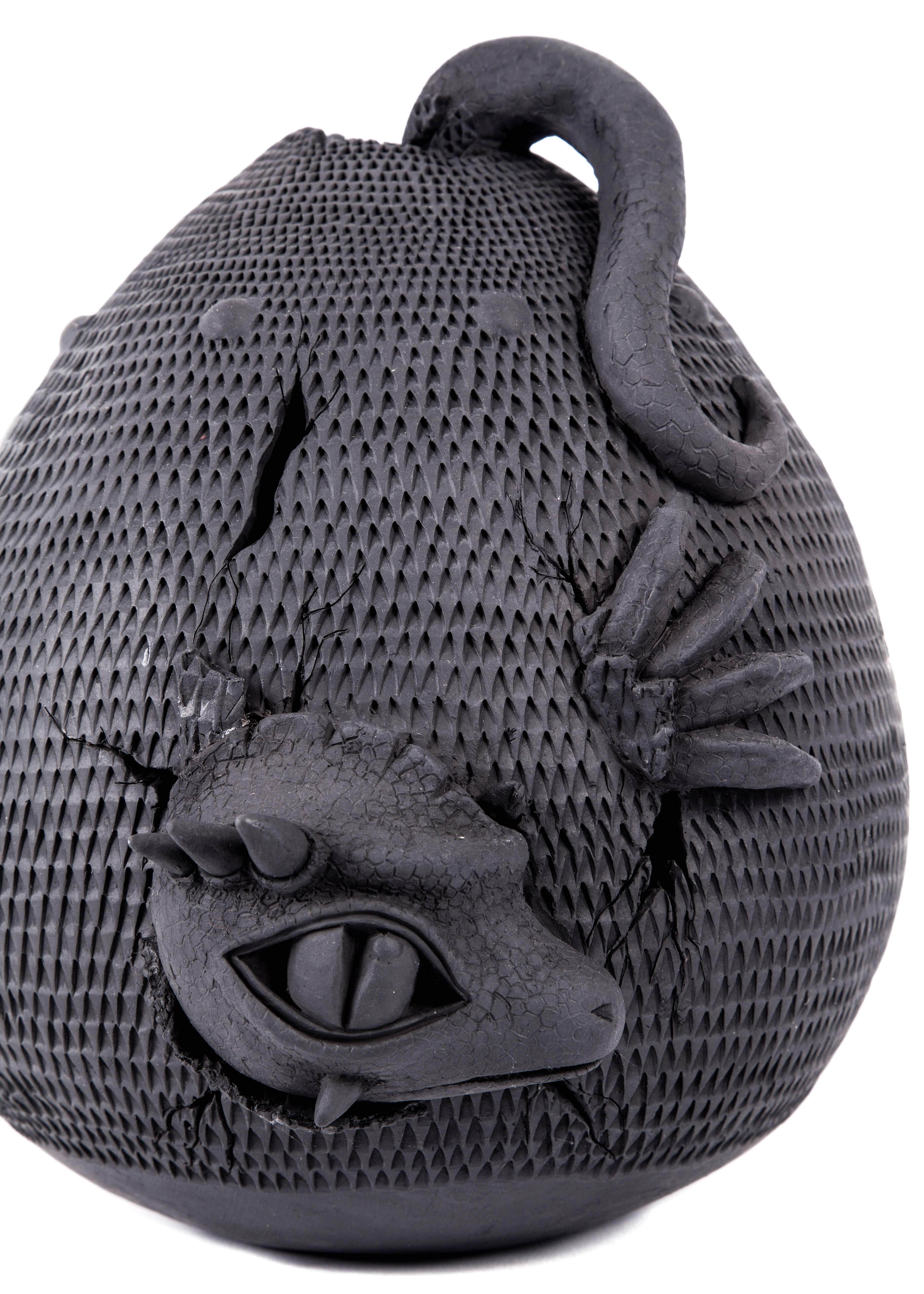Omar Fabian Canseco Abstract Sculpture - 8'' Dragon / Ceramic Black Clay Mexican Folk Art