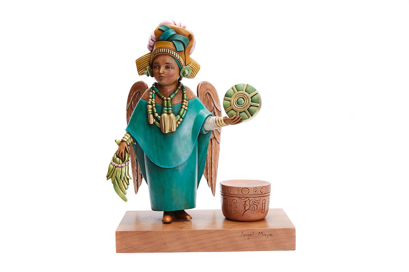 Miguel Martinez Juarez Figurative Sculpture - Angel Maya - Maya Angel - Mexican Folk Art  Cactus Fine Art
