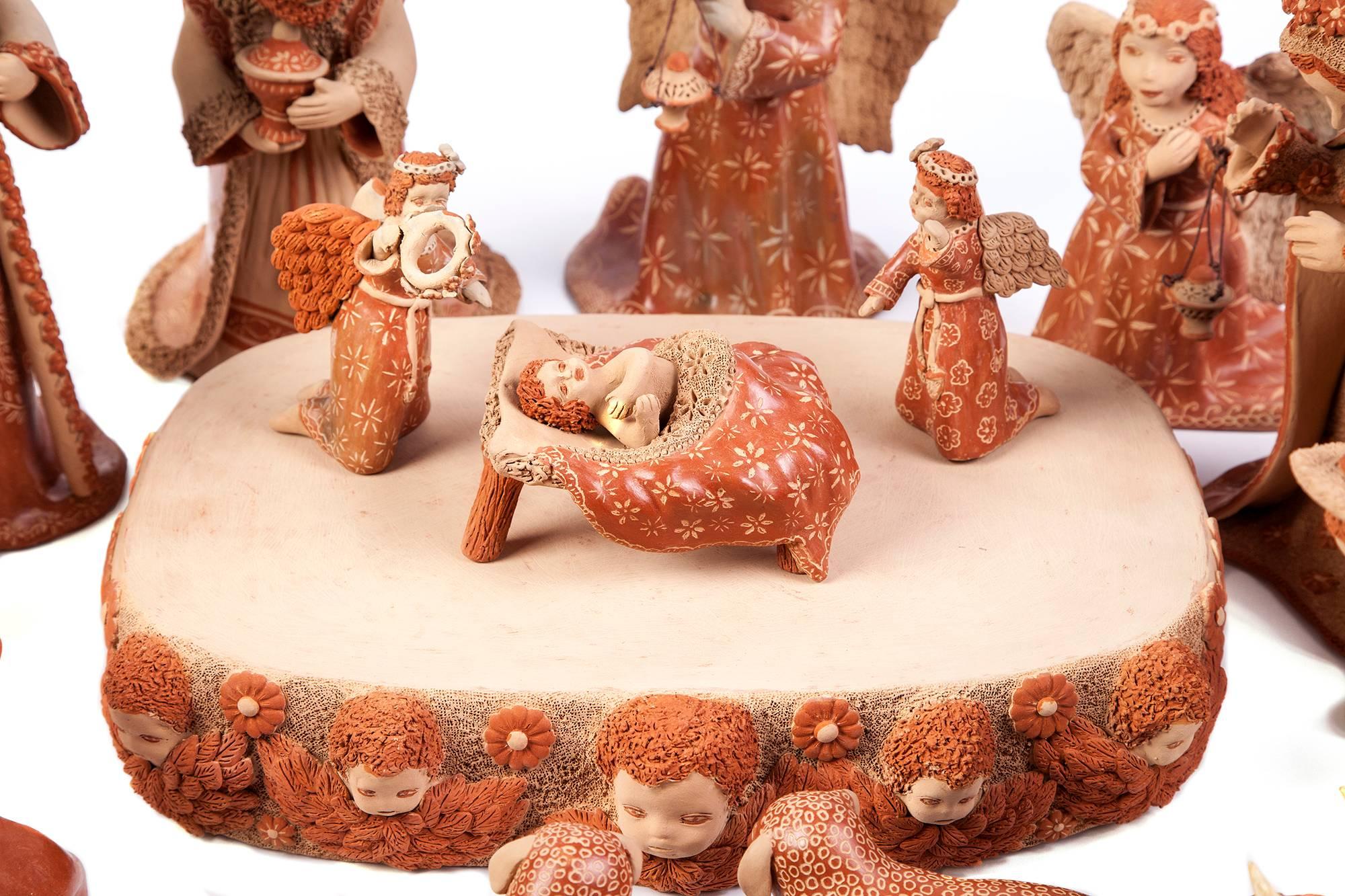 Nacimiento de Barro / Ceramics Mexican Folk Art Clay Nativity - Sculpture by Unknown