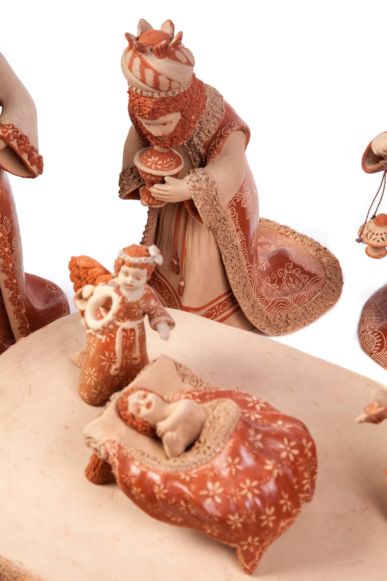Nacimiento de Barro / Ceramics Mexican Folk Art Clay Nativity - Beige Abstract Sculpture by Unknown