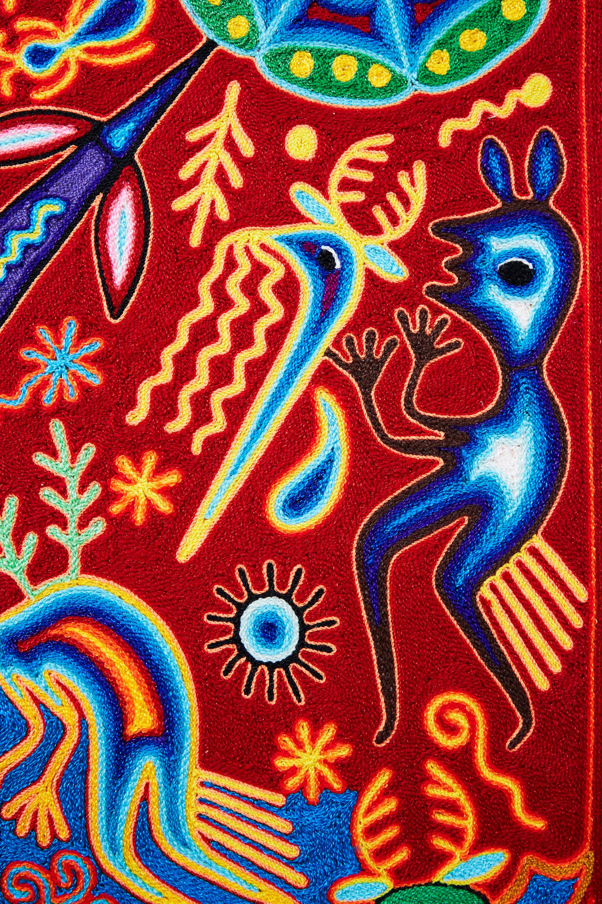 Maimi - Yarn Painting - Mexican Huichol Art - Mexican Folk Art  Cactus Fine Art - Black Abstract Painting by Luciana Benitez Rentería