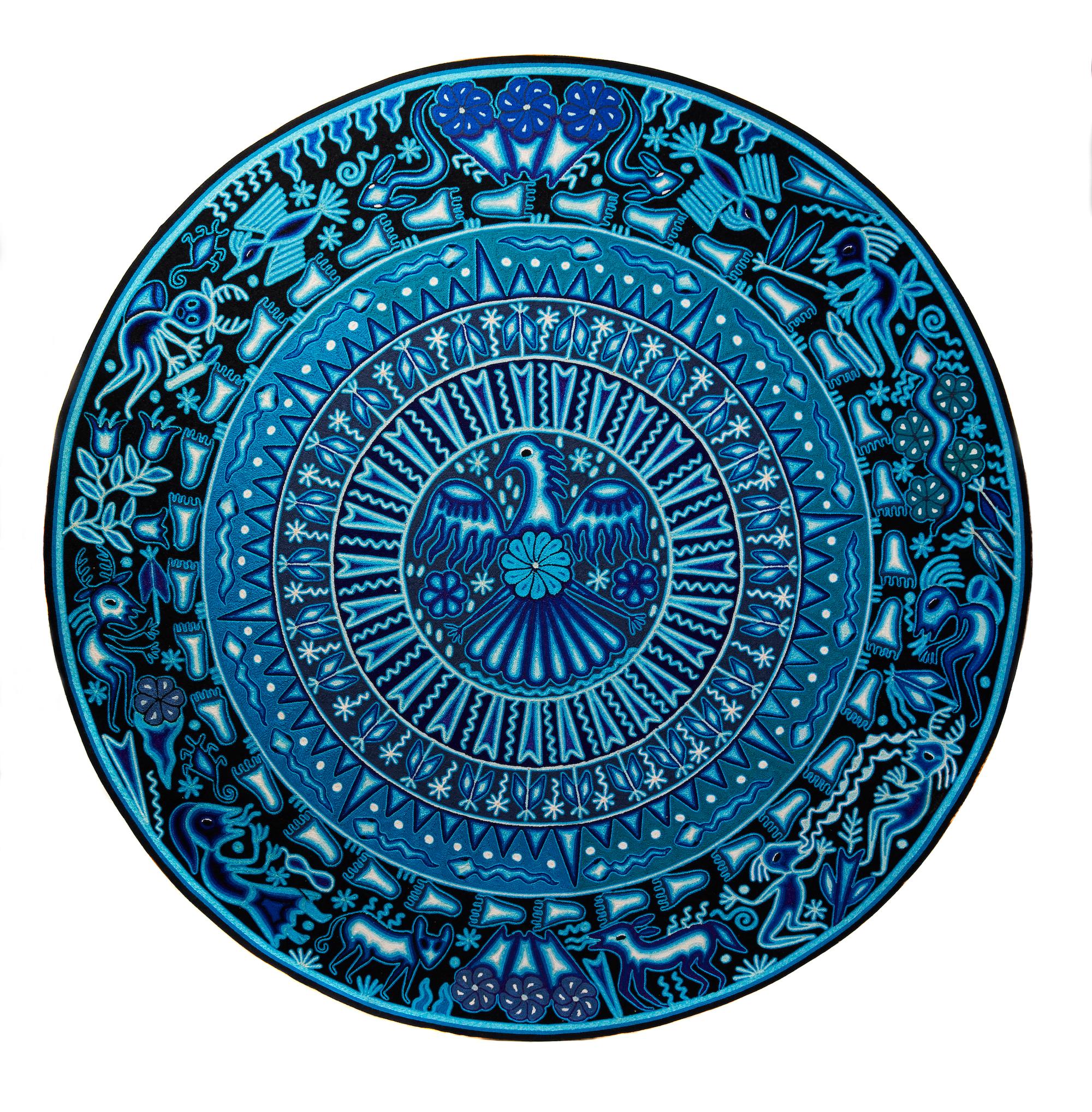 Luciana Benitez Rentería Figurative Painting - Huichol Indian "Wirikuta" - Blue Yarn Painting - Mexican Huichol Art - Folk Art