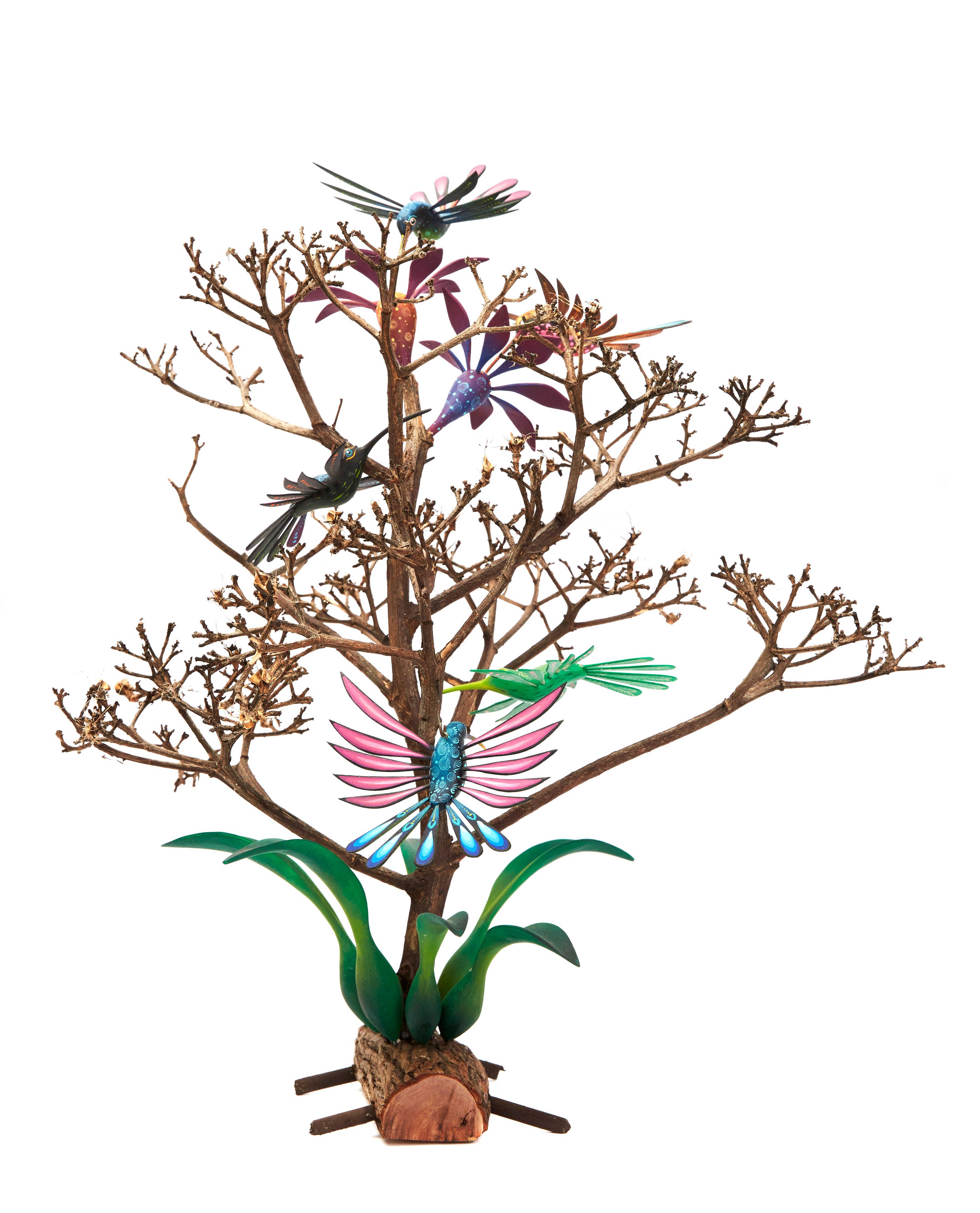 Edgar Fabian Ortega Figurative Sculpture - Hummingbirds Tree - Mexican Folk Art  Cactus Fine Art