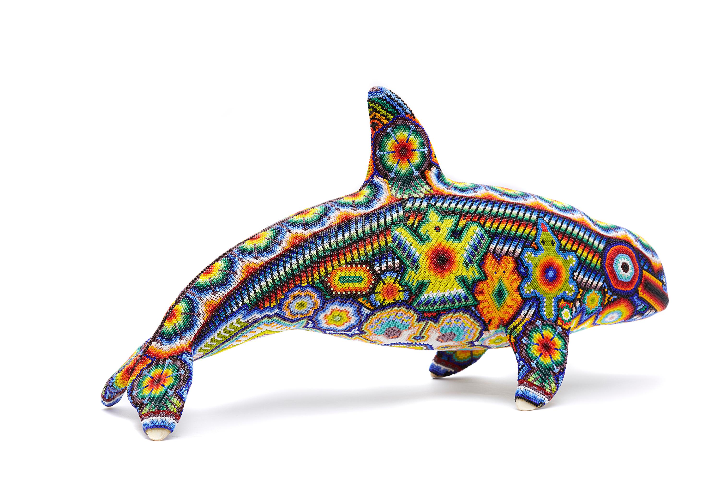 Vaquita Marina - Sea Cow - Hand Beaded - Mexican Huichol Art - Mexican Folk Art  - Brown Abstract Sculpture by Sergio Bautista de la Cruz