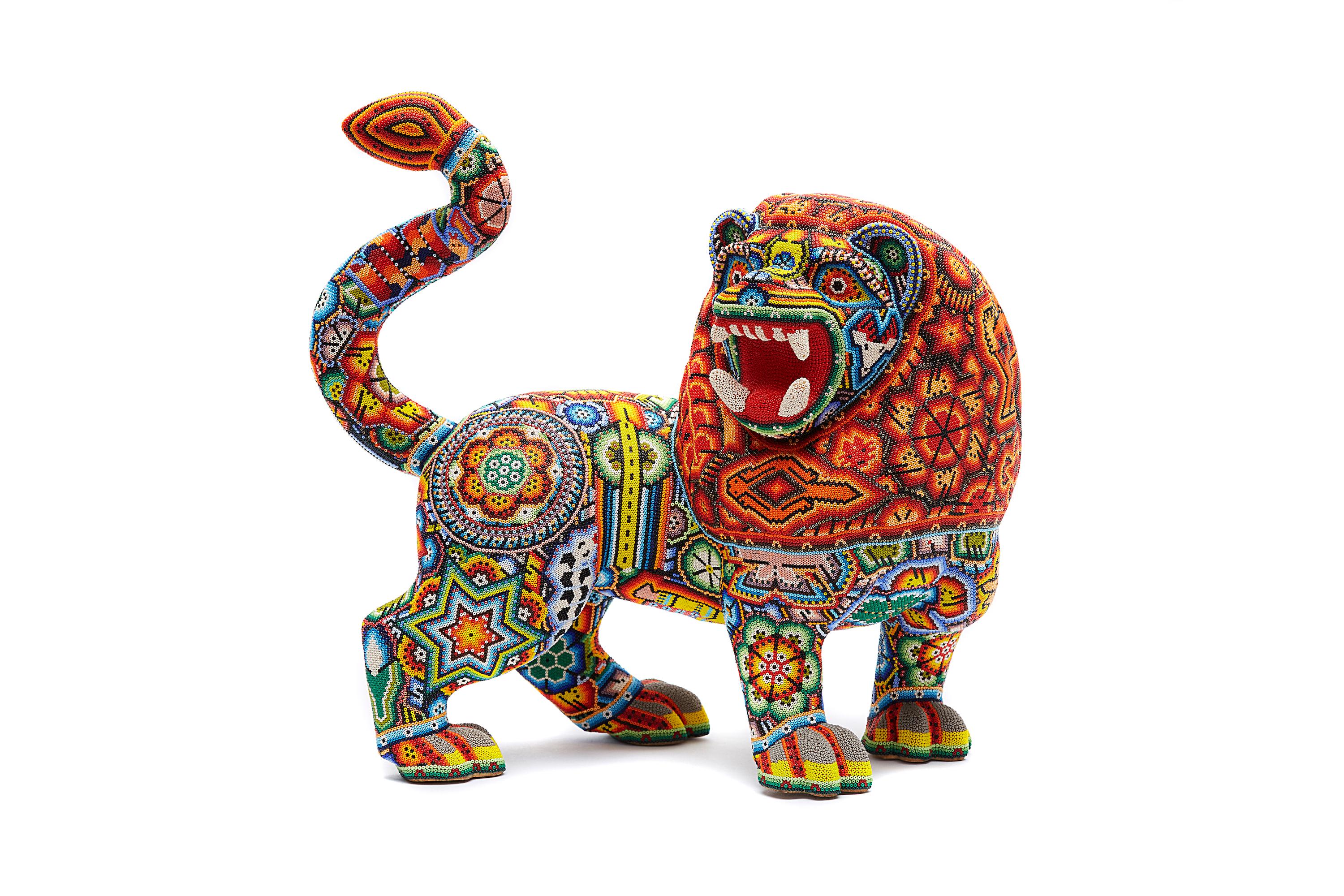 Sergio Bautista de la Cruz Figurative Sculpture - Leon - Lion - Hand Beaded - Mexican Huichol Art - Mexican Folk Art 