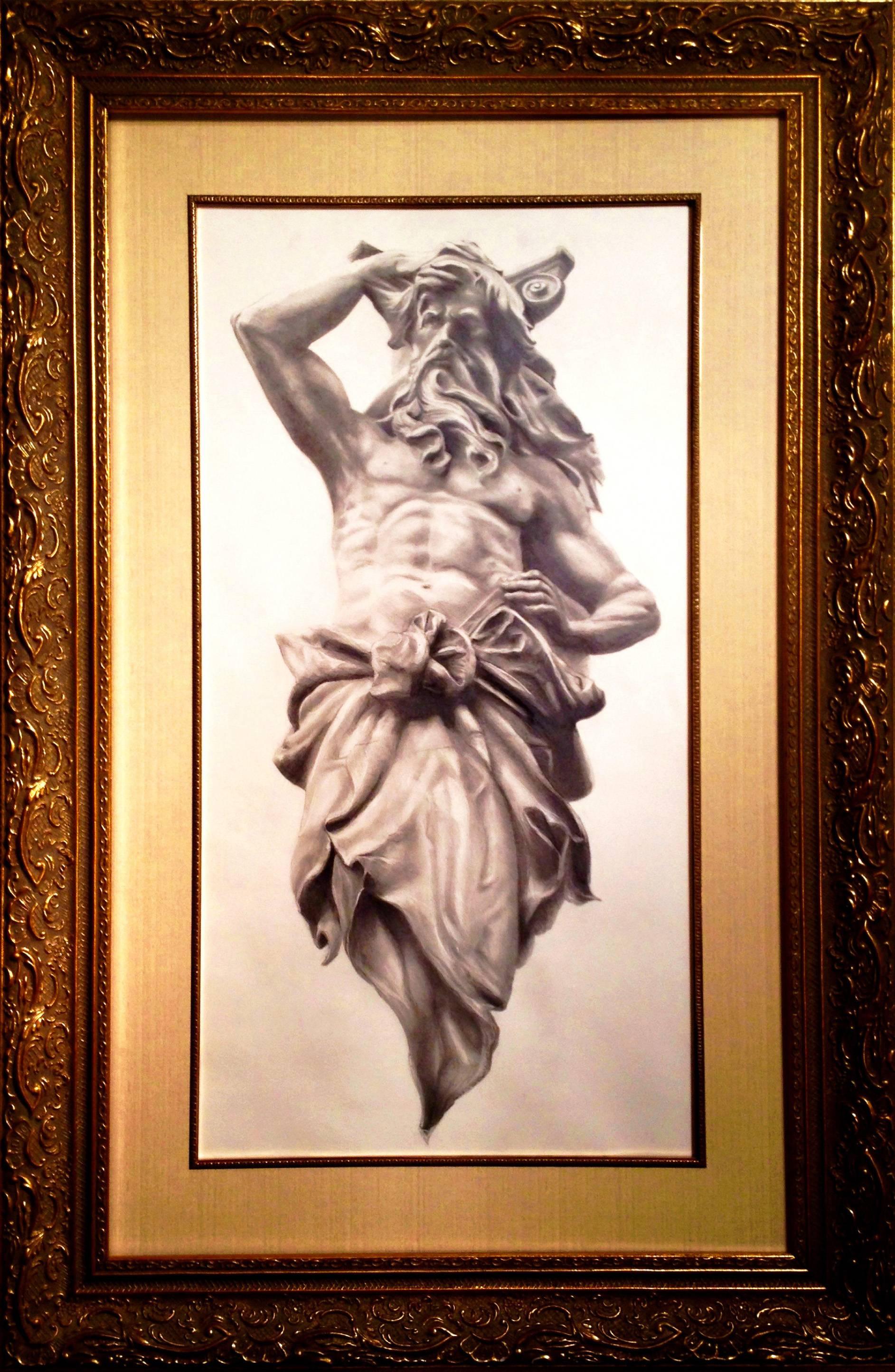 Larry Aarons works in graphite to render realistic portrayals of stoic and dignified figures. Aarons saw this arresting figure on a stroll through the city of Budapest. The graphite drawing is the latest in Aarons’ new Myths of Man series: Gods,