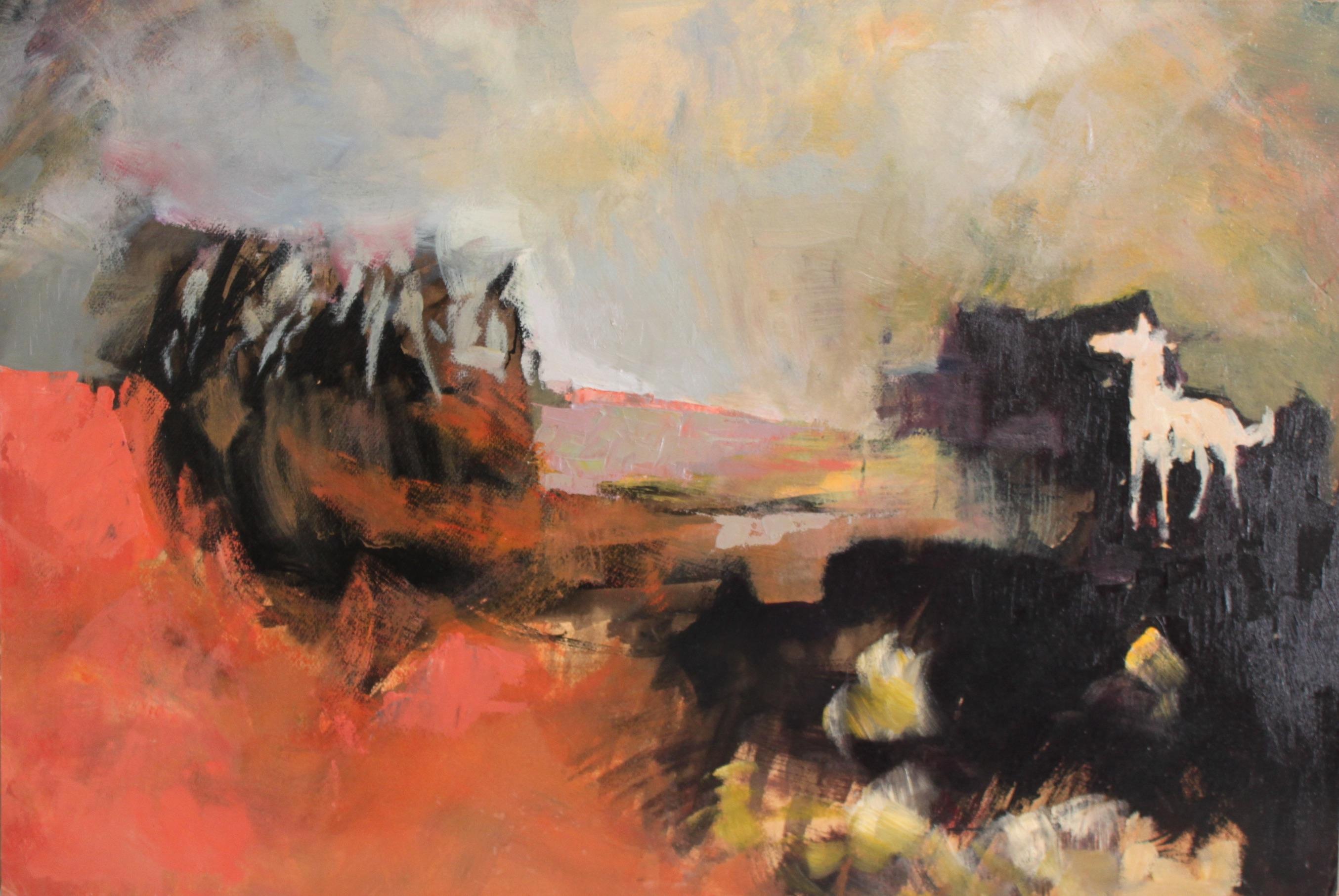 Jeffrey A. Dering Abstract Painting – Desert Stallion, Landschafts-Impressionismus, Ölgemälde, signiert auf Verso, 1970