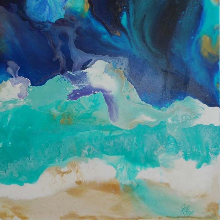 Mountain Waves, Modern Acrylic Beach Painting, Contemporary Mountains, Abstract - Blue Landscape Painting by Rachel Pierce