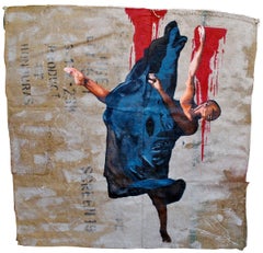 Gianluca Resi "Farewell Step" Enamel on  Coffee Sack Contemporary Art Painting